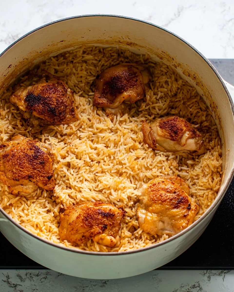A large white pot is filled with cooked rice, golden in color with a soft texture, spread evenly to cover the bottom and sides. On top of the rice, there are six pieces of cooked chicken with browned, slightly crispy skin, each piece partially buried in the rice but still visible. The chicken pieces vary in size and have a rich brown color from cooking. The pot is set on a surface with a white marbled texture. Photo taken with an iphone --ar 4:5 --v 7