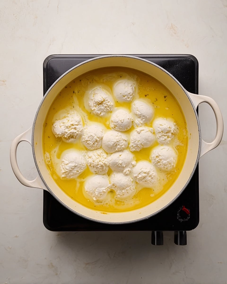 A white round pot with two handles holds a yellow liquid that looks like a soup or sauce, covering the bottom layer evenly. On top, there are about fifteen white, rough-textured dollops floating and slightly melting into the yellow layer. The pot sits on a black electric stove, and the whole scene is set against a white marbled surface. The image is bright and clear, showing the contrast between the smooth yellow base and the textured white dollops on top photo taken with an iphone --ar 4:5 --v 7