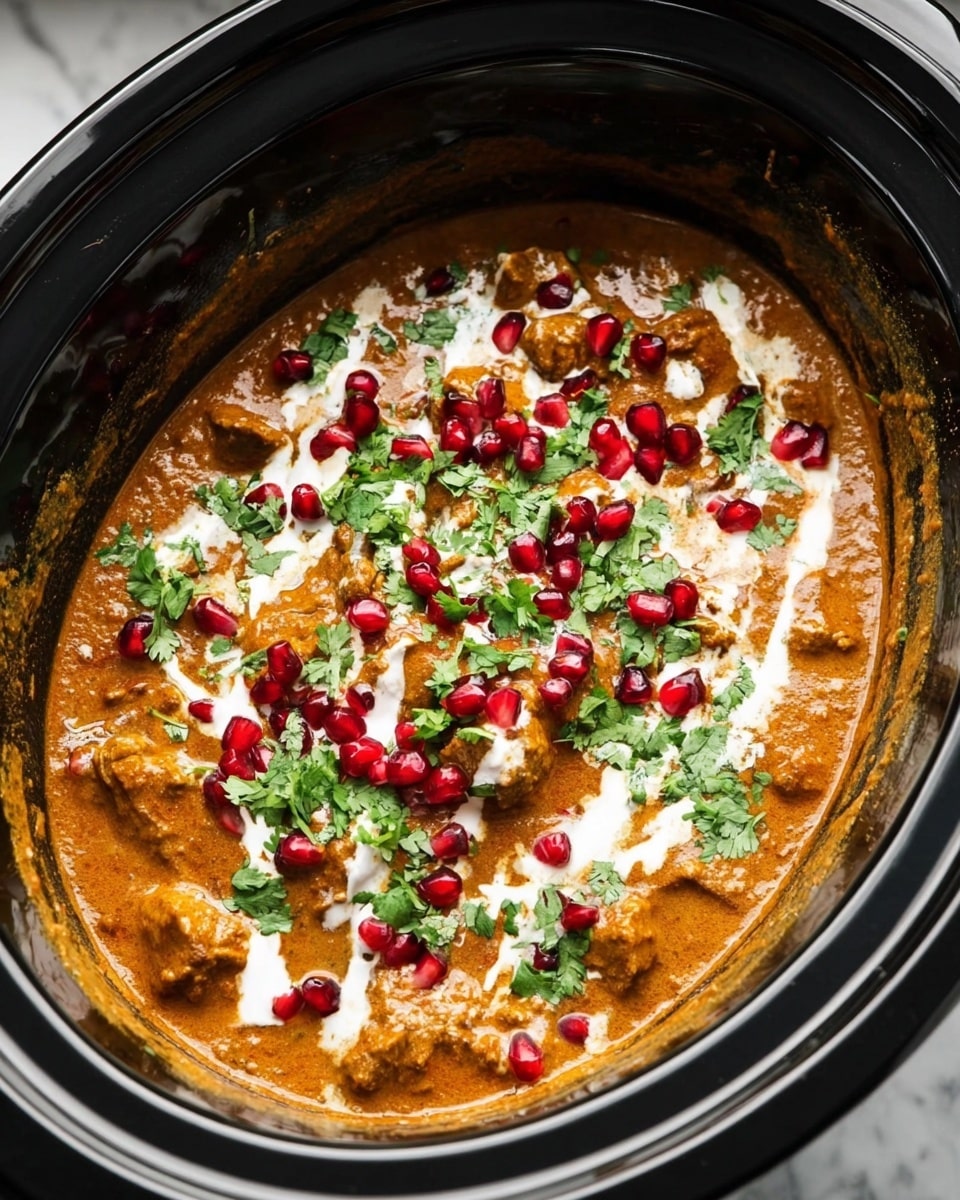 A black slow cooker filled with a thick orange-brown curry containing chunks of tender meat, topped with swirls of white cream, scattered bright red pomegranate seeds, and fresh green chopped herbs. The slow cooker is set on a white marbled surface with a beige cloth nearby and a wooden spoon next to it. On the left side, there is a small white bowl with white sauce and a gold spoon resting inside. Two small white bowls with colorful edges hold green herbs and pomegranate seeds, positioned near the handles of the slow cooker. photo taken with an iphone --ar 4:5 --v 7