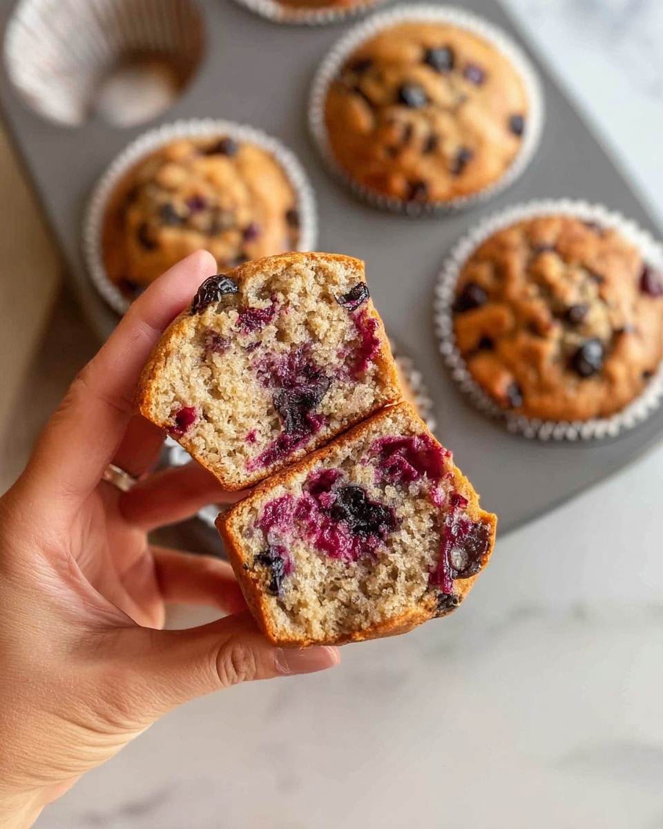 A woman's hand holds a split muffin showing its soft, light brown inside filled with dark purple and red berry pieces, giving it a moist and textured look. In the background, there are three whole muffins with a golden brown top and visible berry spots, resting inside white paper liners in a gray metal muffin tray on a white marbled surface. Photo taken with an iphone --ar 4:5 --v 7
