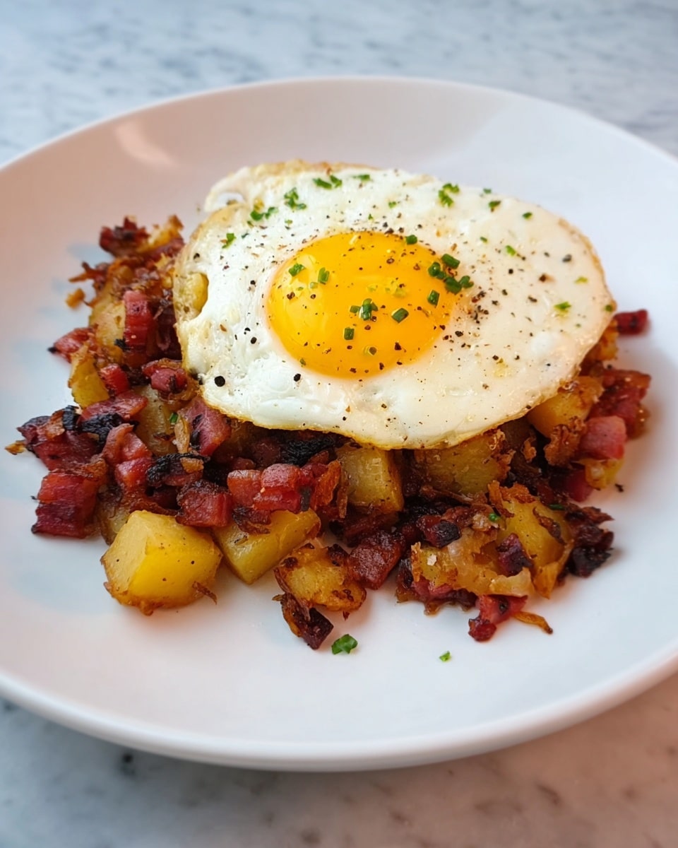 A white plate with a layer of cooked diced potatoes mixed with pinkish-brown shredded meat, some pieces browned and crispy, forming a rough round shape at the center. On top, there is a sunny-side-up egg with a bright yellow yolk slightly broken and spreading onto the potato and meat layer. The egg white is cooked with some black pepper sprinkled on it. A silver fork is pressing gently on the yolk. The background is a white marbled texture photo taken with an iphone --ar 4:5 --v 7