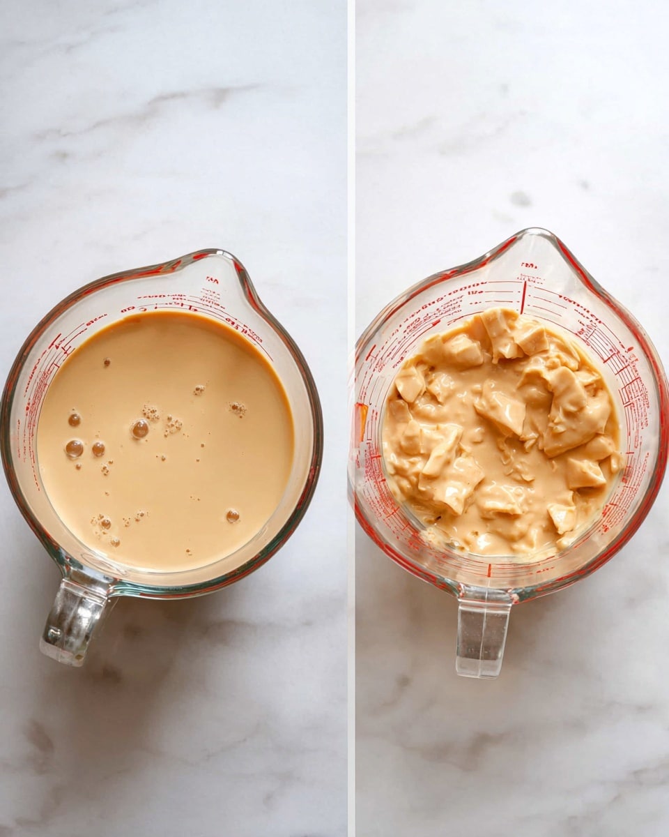 Two clear glass measuring cups are shown from above on a white marbled surface. The left measuring cup holds a smooth, creamy sauce with a light beige color and a few small bubbles on the surface, showing a clean and shiny texture. The right measuring cup contains a thicker sauce with a chunkier texture, showing creamy beige sauce mixed with bite-sized pieces of a pale solid ingredient, giving it a lumpy look. Both cups are transparent with red measurement markings visible around the edges. photo taken with an iphone --ar 4:5 --v 7