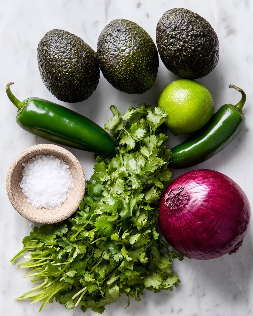 The image shows fresh ingredients on a white marbled surface: three dark green avocados with rough skins in the top left area, below them a smooth dark green jalapeño pepper, and a bright green lime. To the right of these is a bunch of fresh bright green cilantro with leafy stems, and next to it on the bottom right is a small white wooden bowl filled with coarse white salt. Below the lime and jalapeño is a shiny deep purple-red onion. The colors are vibrant and the textures vary from smooth and shiny to rough and leafy, all arranged neatly with space between them photo taken with an iphone --ar 4:5 --v 7