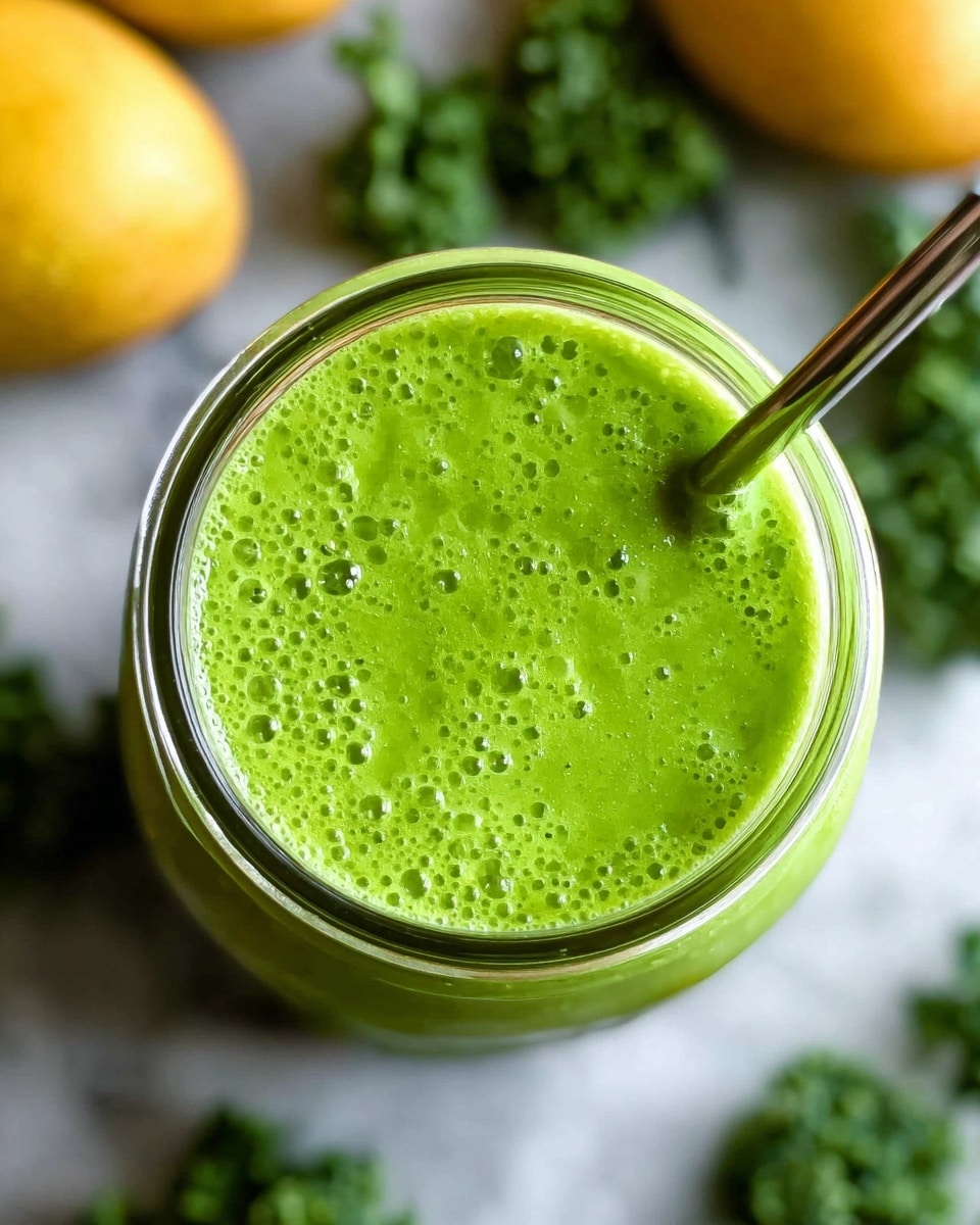 A close-up top view of a single glass jar filled with a bright green smoothie with small bubbles on the surface and a straw inside. Around the jar, the background shows blurry yellow mangoes and dark green kale on a white marbled surface. The smoothie has a smooth texture and vibrant green color. photo taken with an iphone --ar 4:5 --v 7