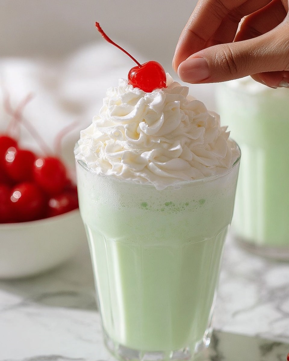 A clear tall glass filled with a light green creamy drink, topped with a large swirl of white whipped cream with soft, fluffy texture. At the very top, a bright red cherry with a stem is being placed by a woman's hand. The background surface is white with a marbled texture, and a blurred second glass and a white bowl of cherries are visible in the background. photo taken with an iphone --ar 4:5 --v 7