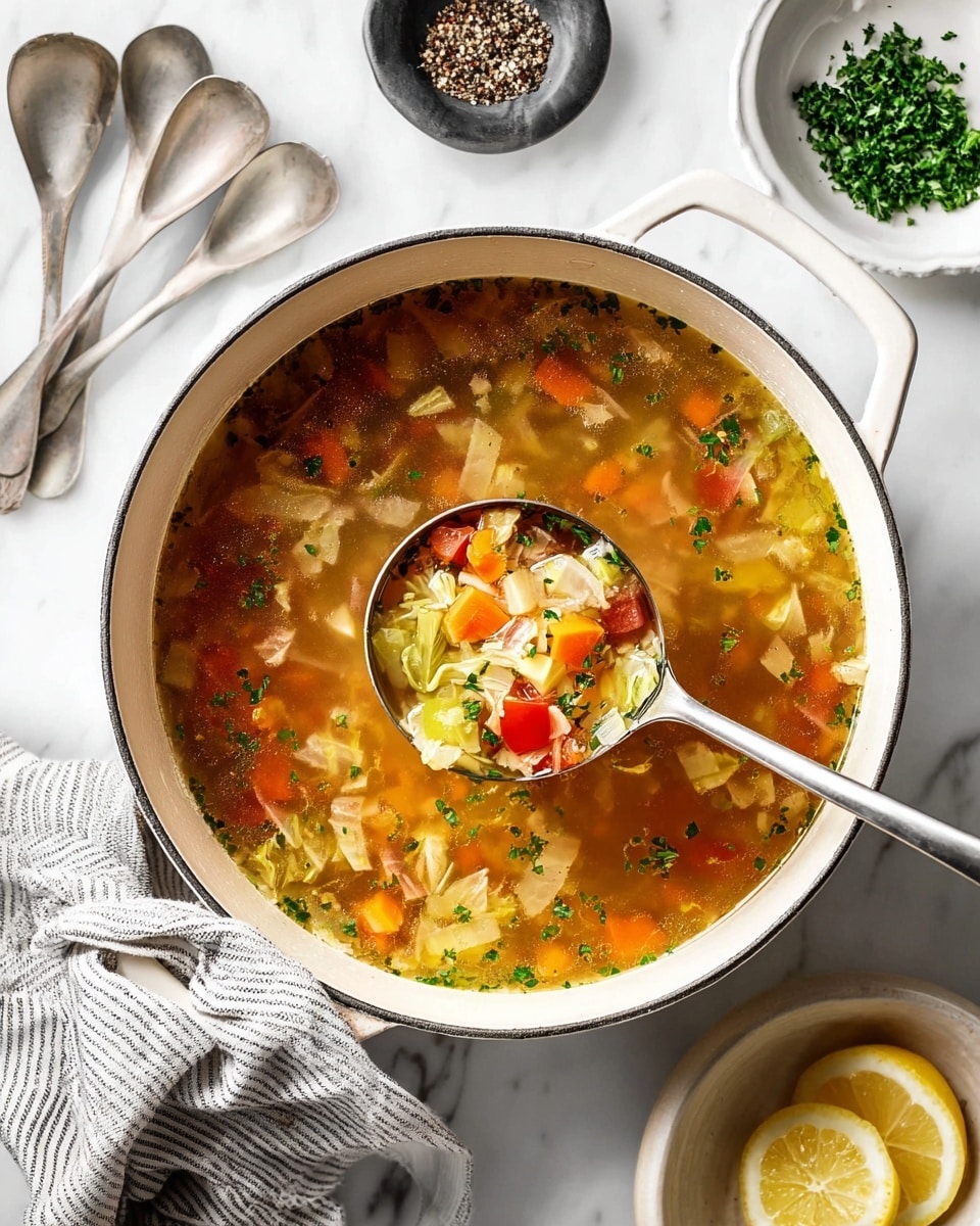 A white pot filled with clear vegetable soup showing layers of small chopped vegetables floating in light brown broth; visible ingredients include green cabbage pieces, orange carrot cubes, red tomato bits, and celery pieces, all mixed with green herbs sprinkled inside. A metal ladle filled with the same soup grabs a scoop near the top right, showing a close-up of the vegetables' colors and textures. The pot sits on a white marbled surface surrounded by empty white bowls, metal spoons to the left, a small black bowl of cracked black pepper above, and a white bowl with lemon wedges and chopped green herbs below. A striped grey cloth is casually placed near the pot’s handle photo taken with an iphone --ar 4:5 --v 7