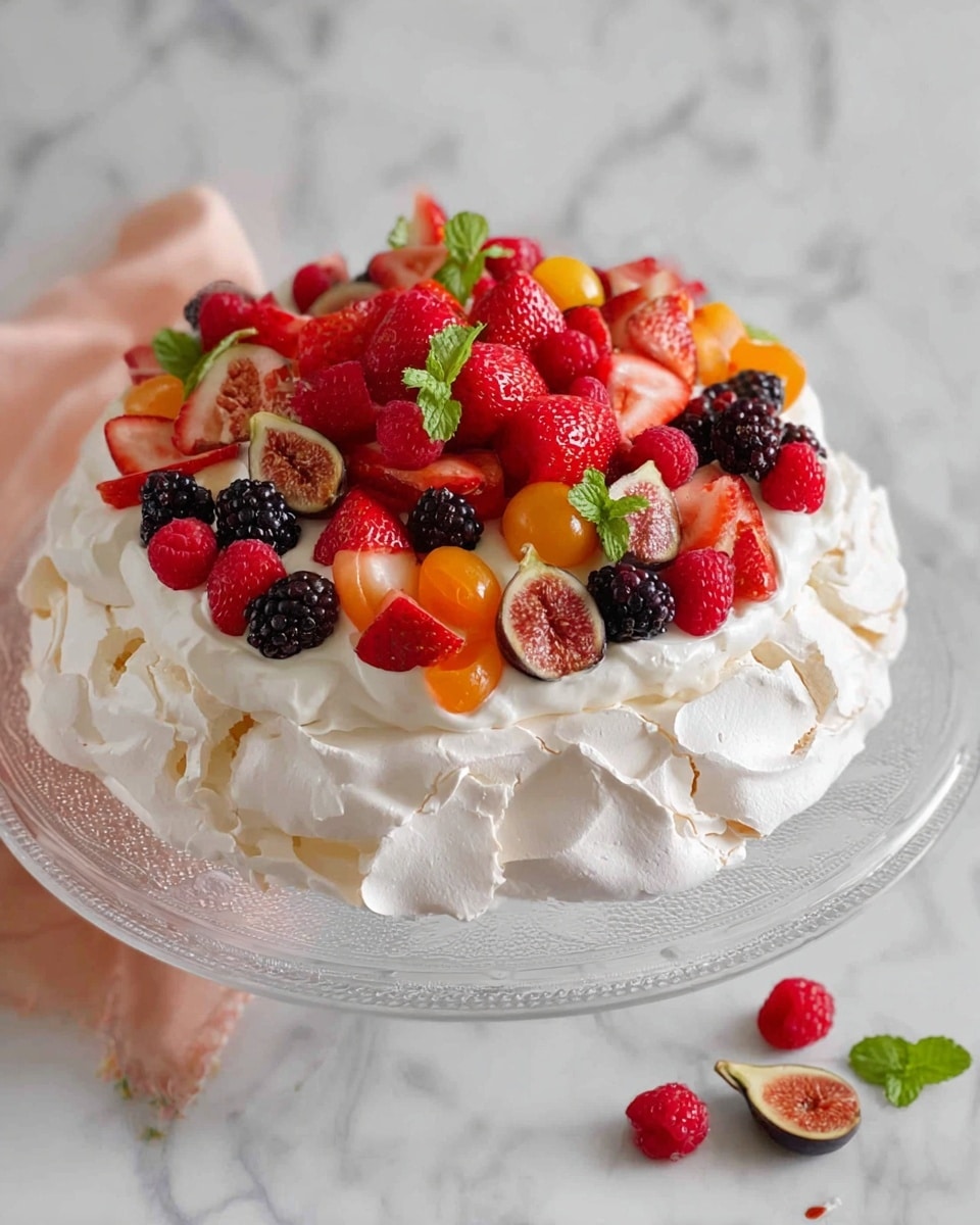 A round dessert with three layers sits on a clear glass plate on a white marbled surface. The bottom layer is a crisp white meringue base with ruffled edges. On top of it is a thick, fluffy white cream layer. The top layer is a colorful mix of fresh fruits arranged unevenly: red strawberries sliced in halves, whole red raspberries, dark purple blackberries, small orange physalis fruits, and sliced figs showing their light brown and pink insides. Small green mint leaves are scattered for decoration. A few loose berries and mint leaves sit beside the plate. Photo taken with an iphone --ar 4:5 --v 7