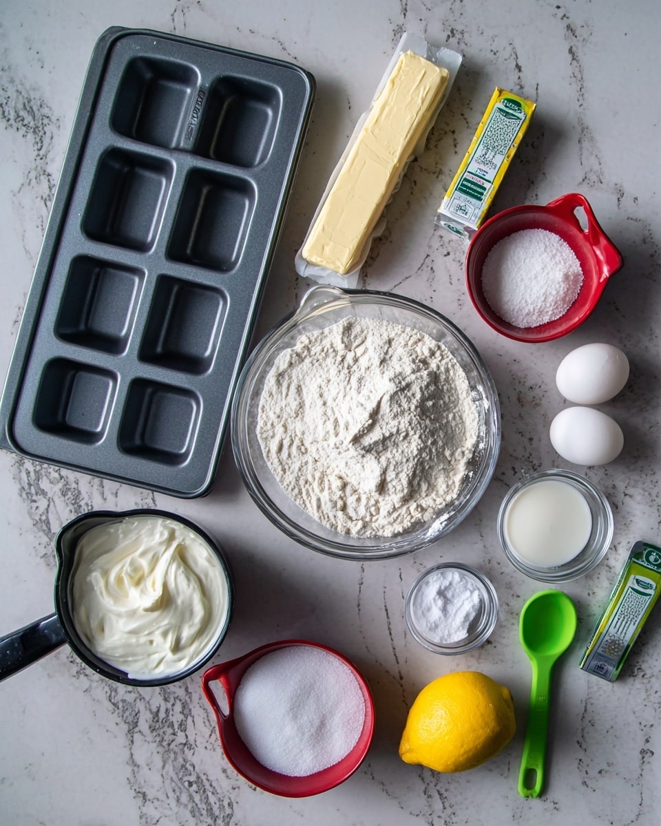 The image shows ingredients for baking arranged on a white marbled surface. There is a gray baking tray with six rectangular slots on the top left. Below it, a stick of butter wrapped in paper lies horizontally. A large glass measuring cup filled with white flour is in the center. To its left is a black measuring cup filled with thick white cream. Near the flour cup, a small red and white measuring cup has milk inside. Two white eggs sit next to a yellow lemon on the right side. A red measuring cup with white sugar is at the top right. A small clear bowl with baking soda and another with salt are below the eggs. A green grater and a small yellow tube of lavender flavoring are placed near the lemon. A green measuring spoon lies at the bottom right corner. The view suggests preparation for baking with all items carefully placed. Photo taken with an iphone --ar 4:5 --v 7