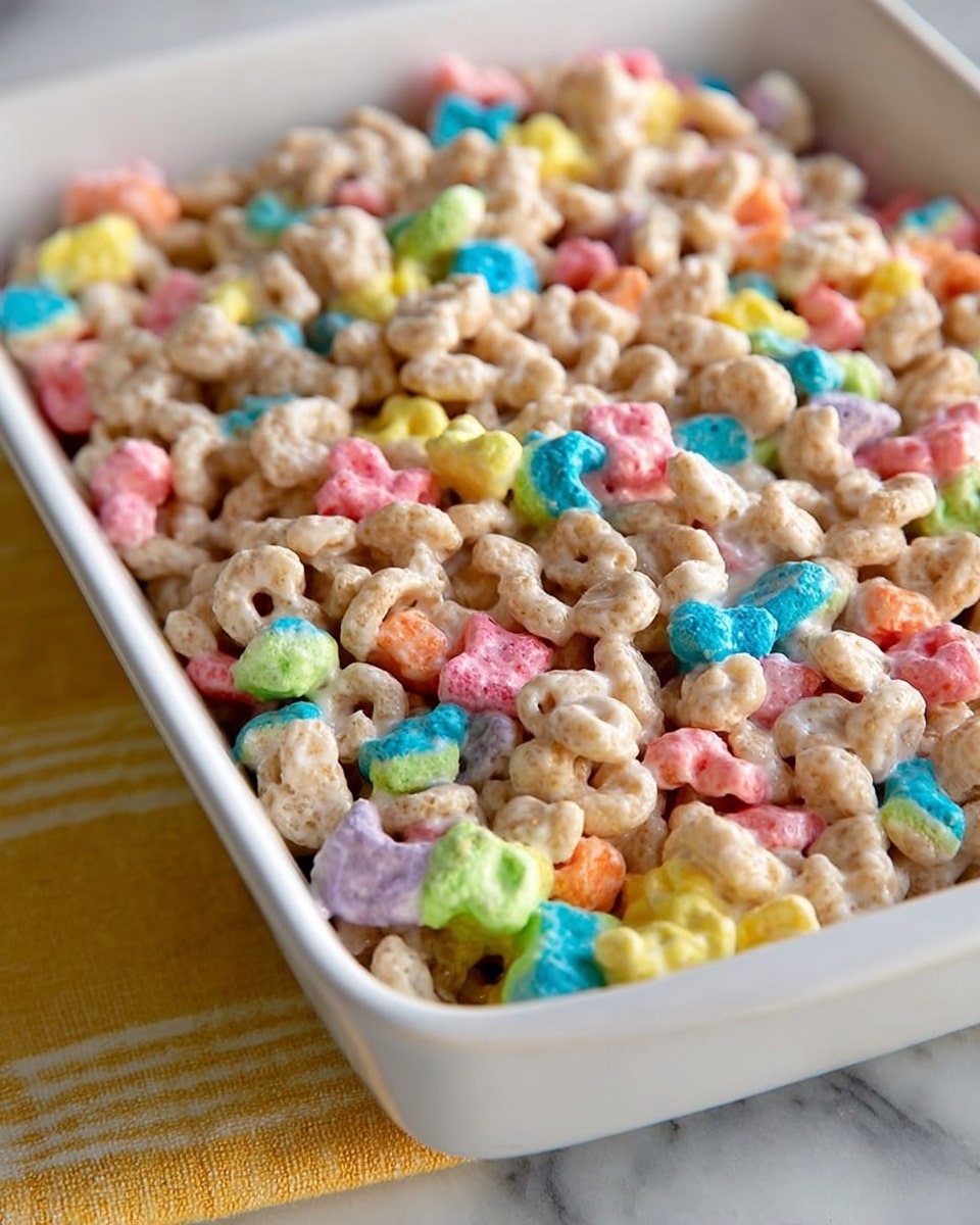 A close-up view of a white rectangular baking dish filled with a mixture of light beige cereal pieces and bright, colorful marshmallow shapes in pink, blue, yellow, green, orange, and purple. The cereal pieces are evenly coated with a shiny, slightly sticky layer that binds them together, creating a textured and bumpy surface. The dish sits on a white marbled surface with a hint of a yellow striped cloth underneath. The focus is on the top layer of the cereal treat, making the colors and textures stand out clearly photo taken with an iphone --ar 4:5 --v 7