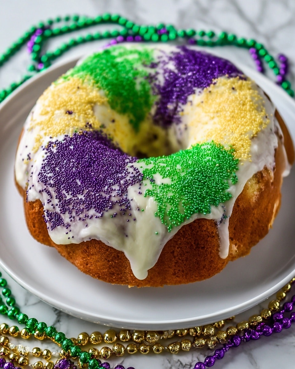 The image shows a round pastry ring with six sections, each glazed in different bright colors: yellow, purple, and green. The pastry looks soft and fluffy with a shiny drizzle glaze on top that matches the colors of each section. The ring sits on a white plate placed on a white marbled surface, with green, purple, and gold bead necklaces scattered in front of it, suggesting a festive mood. The texture of the pastry is light and slightly flaky, with the glazes giving it a smooth and glossy finish. photo taken with an iphone --ar 4:5 --v 7