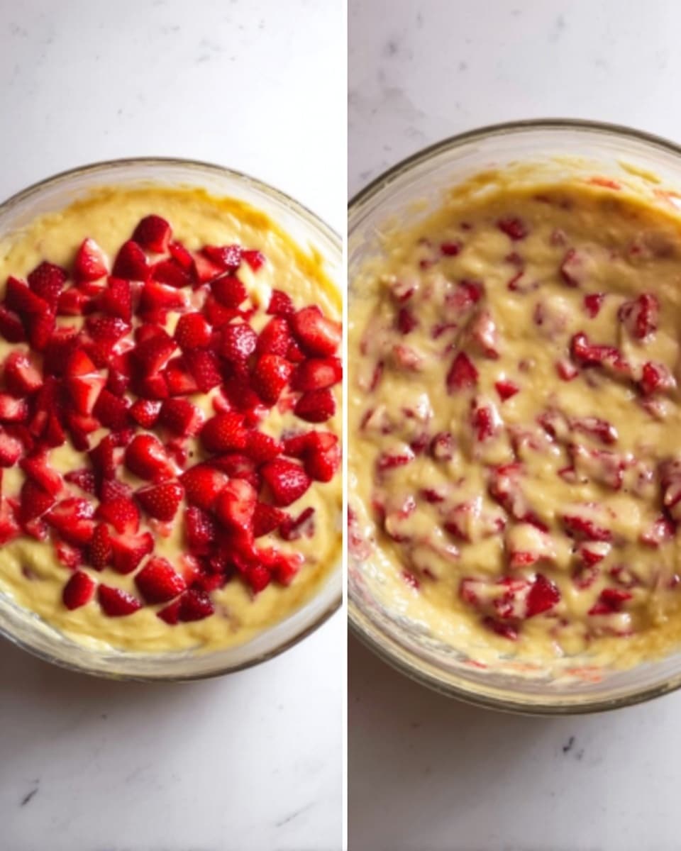 The image shows two side-by-side views of a mixing bowl with batter. On the left, there is a thick yellow batter topped with many small, bright red pieces of strawberries covering the surface in a single layer. On the right, the same batter is mixed with the strawberries, creating a textured mix where the yellow batter is swirled around small red strawberry pieces evenly spread throughout. Both bowls are transparent and placed on a white marbled surface. Photo taken with an iphone --ar 4:5 --v 7