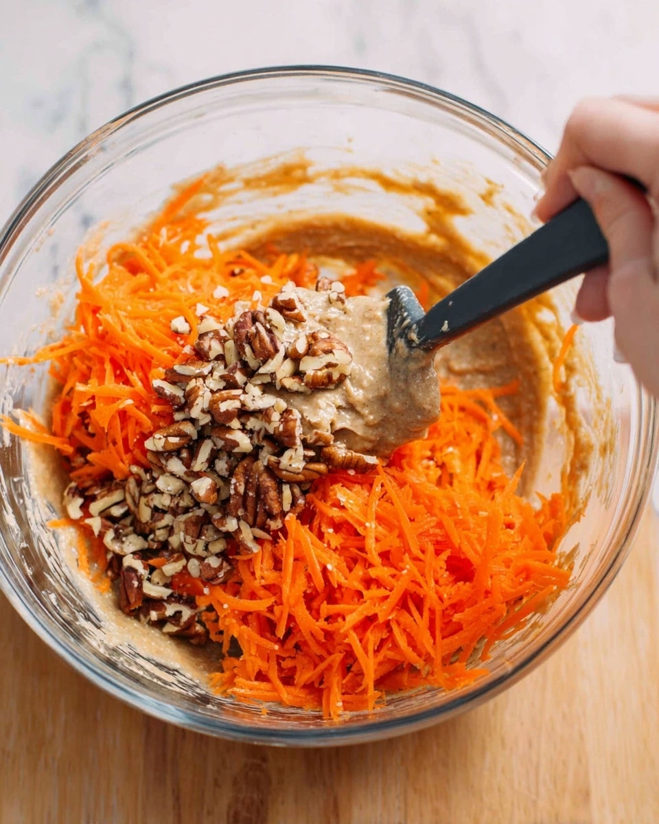 A clear glass bowl filled with three main visible layers: a bottom layer of light brown thick batter mixed with small pieces of nuts, a middle layer of bright orange shredded carrots spread evenly, and a woman’s hand holding a black spatula scooping some of the batter over the shredded carrots and nuts, with more chopped nuts scattered on top. The bowl is set on a white marbled texture surface. Photo taken with an iphone --ar 4:5 --v 7