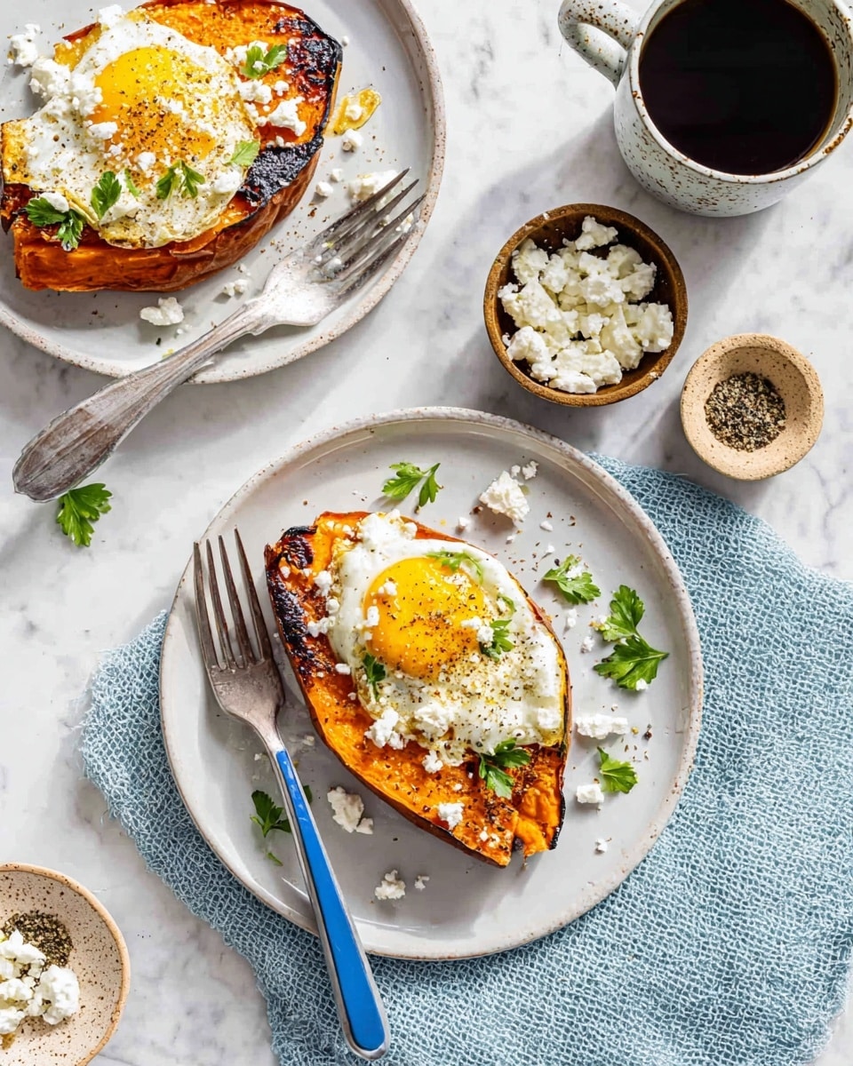 The image shows two white plates, each with a thick, roasted orange sweet potato slice as the base layer with charred edges, topped with a fried egg with a bright yellow yolk and crispy white edges. Small bits of white cheese crumbles and green parsley leaves are sprinkled on and around the egg and potato. A shiny silver fork with a blue handle rests on one plate. Surrounding the plates are a few small bowls with white cottage cheese and black pepper, a cup of black coffee, and a light blue textured cloth on a white marbled surface. The photo has bright, natural light. photo taken with an iphone --ar 4:5 --v 7