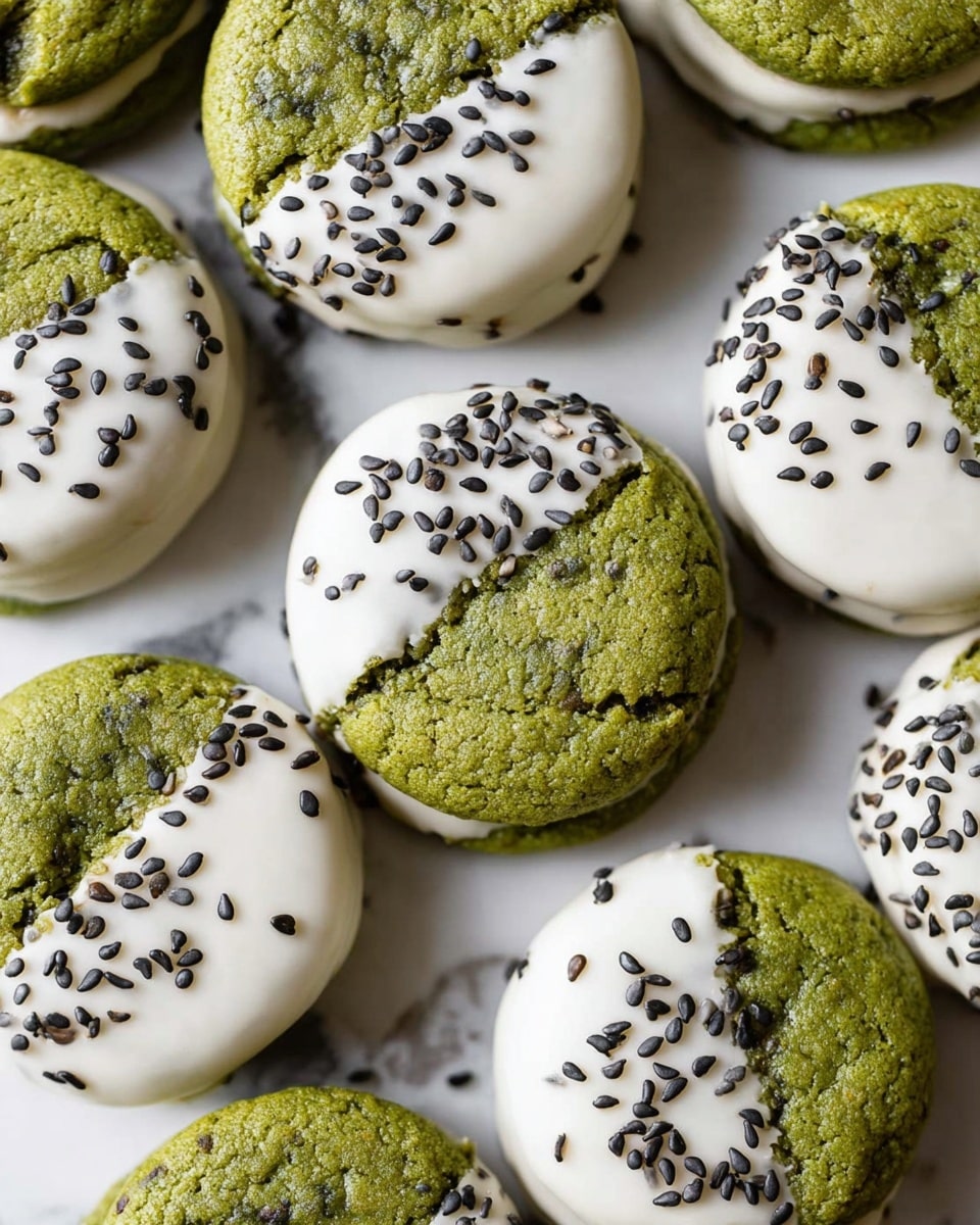 Several round green cookies are laid out on a white marbled surface, each cookie dipped halfway into a smooth white coating. The white coating is sprinkled with small black sesame seeds, creating a contrast with the green cookie base. The cookies have a slightly rough and cracked texture, indicating a soft interior. They are tightly arranged, showing multiple layers of green and white with a speckled black finish on top. photo taken with an iphone --ar 4:5 --v 7