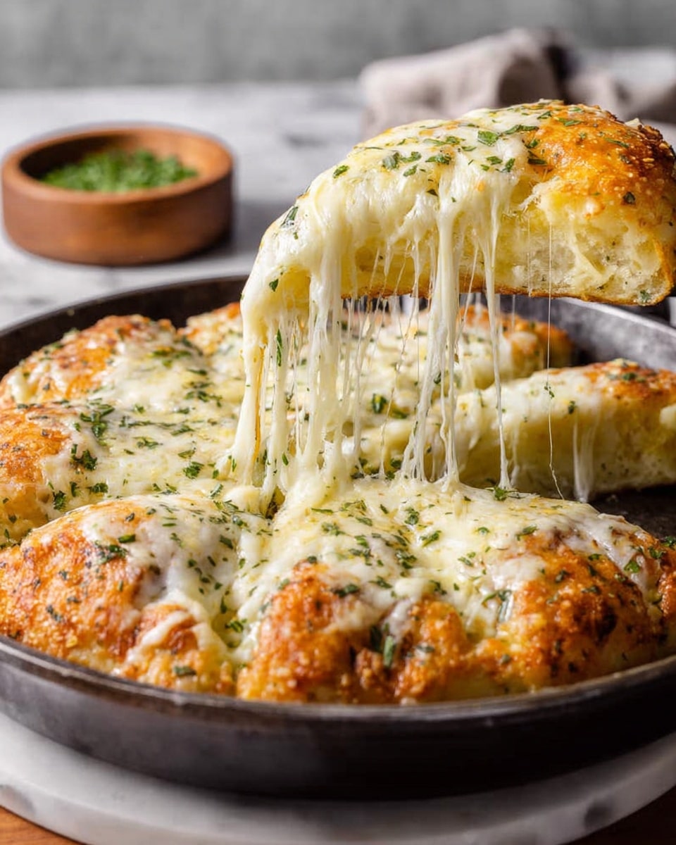 The image shows a round pizza with a thick golden crust, topped with melted white and yellow cheese that stretches in long strings as a slice is lifted. The crust looks soft and thick, with small green herb sprinkles across the cheese. The pizza sits in a dark pan on a white marbled surface, and in the background, there is a small wooden bowl with green herbs. photo taken with an iphone --ar 4:5 --v 7