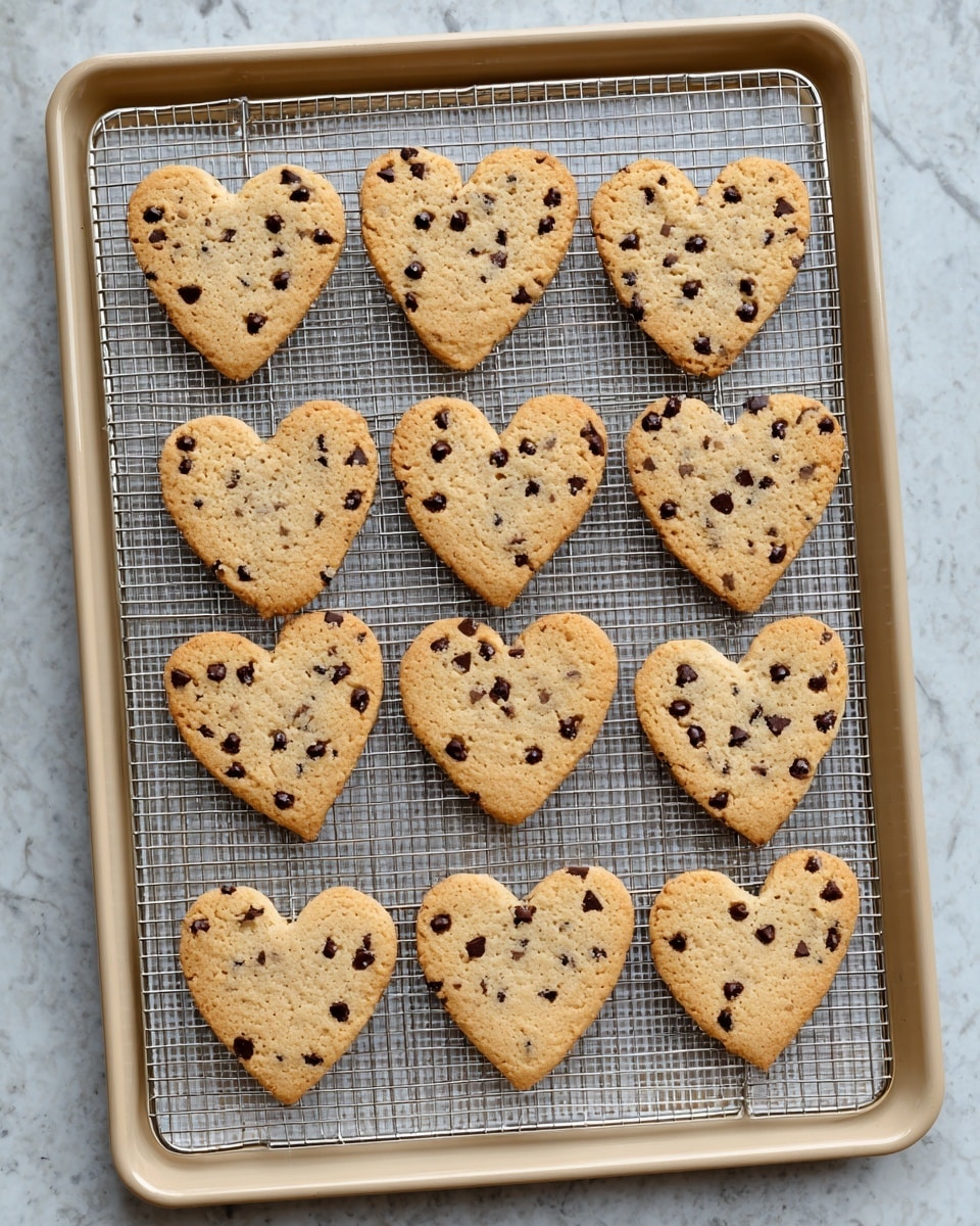Two heart-shaped chocolate chip cookies with a golden-brown color and small dark chocolate chips evenly spread through them are stacked slightly off-center on a white plate with a ridged edge. The cookies have a slightly rough texture and soft edges. The plate sits on a white marbled surface, and in the background, there is a cooling rack with more cookies and a pink box with heart patterns. photo taken with an iphone --ar 4:5 --v 7