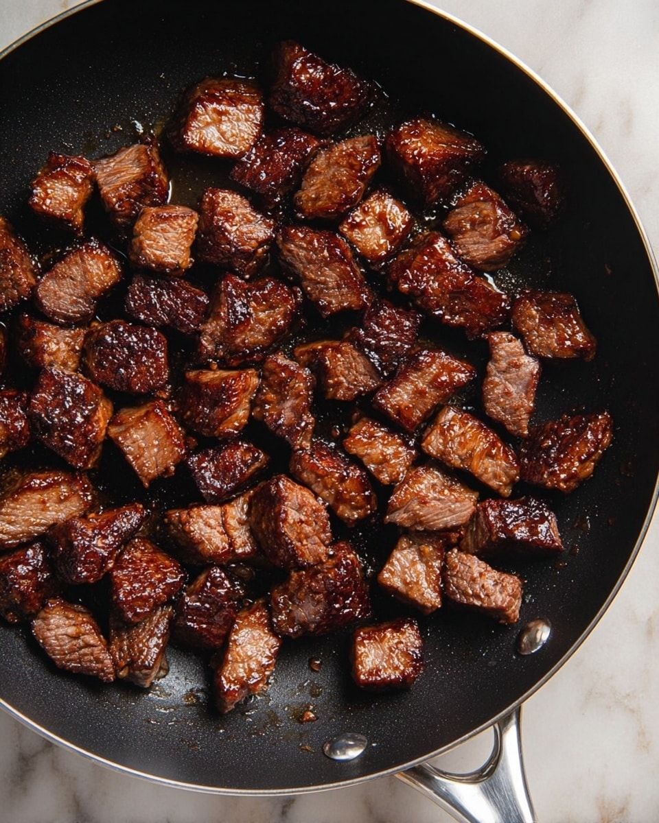 The image shows many small, cooked pieces of dark brown meat with a slightly shiny, caramelized surface inside a black frying pan. The meat pieces vary in size and shape but are mostly rectangular or square, evenly spread out in the pan. The pan has a silver handle and sits on a white marbled texture background, adding contrast to the dark color of the meat and pan. photo taken with an iphone --ar 4:5 --v 7