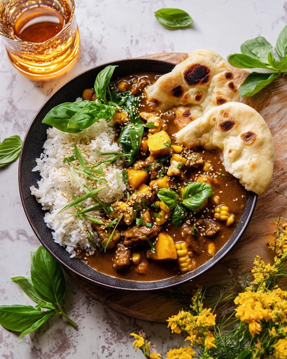 A round bowl with a rough dark rim is placed on a white marbled surface with some flatbreads beside it. Inside the bowl, on the left side, is a richly colored brown curry with chunks of golden yellow squash and small corn pieces, topped with fresh green basil leaves and a sprinkling of sesame seeds and chopped green onions. On the right side of the bowl is a mound of fluffy white rice, adorned with more fresh green basil leaves. Two vintage silver forks rest on the left edge of the bowl, partially inside it. A glass of golden yellow liquid appears blurred in the background. Photo taken with an iphone --ar 4:5 --v 7