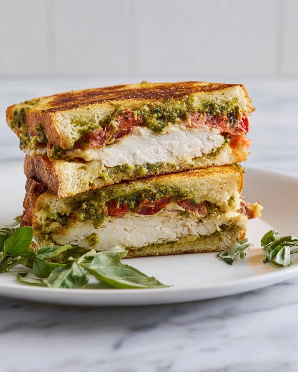 A sandwich cut in half and stacked with three visible layers shows golden-brown toasted bread on the top and bottom. Inside, there is a thick, white layer of cooked chicken, followed by a thin, bright red layer of tomato slices, and a green layer of pesto spread with a slightly chunky texture that spreads near the edges. The sandwich is placed on a white plate with a few fresh green herb leaves on the side, all set on a white marbled surface. Photo taken with an iphone --ar 4:5 --v 7