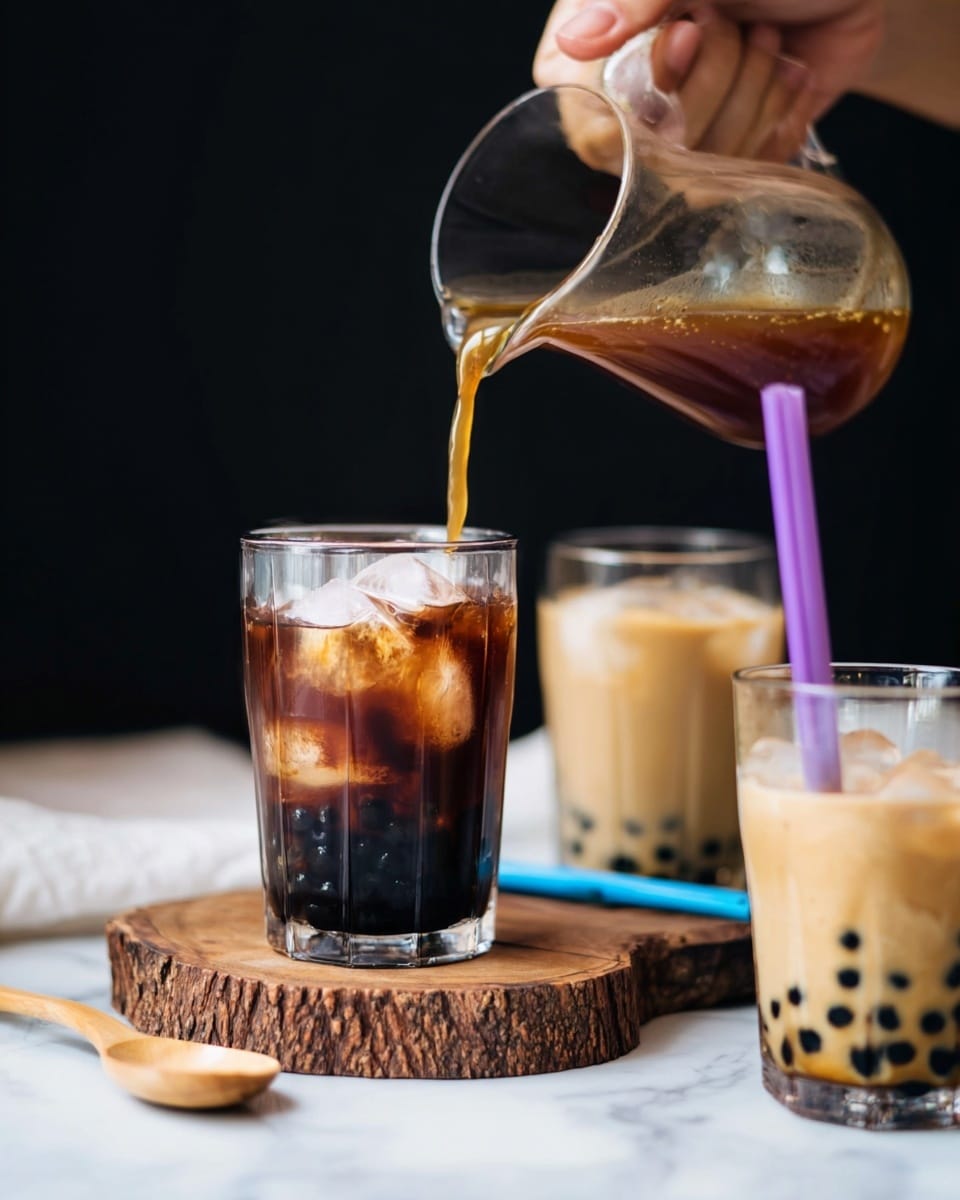 The image shows a clear glass filled with black tapioca pearls at the bottom, a layer of dark brown liquid covering the pearls, and ice cubes floating on top. A woman's hand is pouring a lighter brown liquid from a glass pitcher into the glass. To the right, there are two more clear glasses on a wooden slice; one contains a creamy beige liquid with black tapioca pearls at the bottom, and the other glass is partially visible. A purple and a blue straw rest on the wooden slice. A small wooden spoon lies on the white marbled surface in the foreground, with a black background behind. Photo taken with an iphone --ar 4:5 --v 7