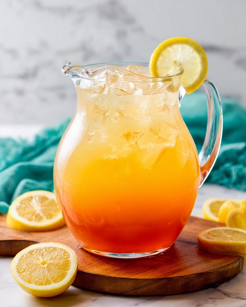 A clear glass jar filled with orange-brown iced tea and ice cubes, topped with a lemon slice on the rim and a blue and white striped straw inside. Around the jar, there are fresh lemon slices resting on a white marbled surface. In the background, a large glass pitcher with lemon slices and the same iced tea is partially visible, along with another glass jar of iced tea. A green cloth is casually placed near the pitcher, adding color contrast. The scene is bright and fresh. photo taken with an iphone --ar 4:5 --v 7
