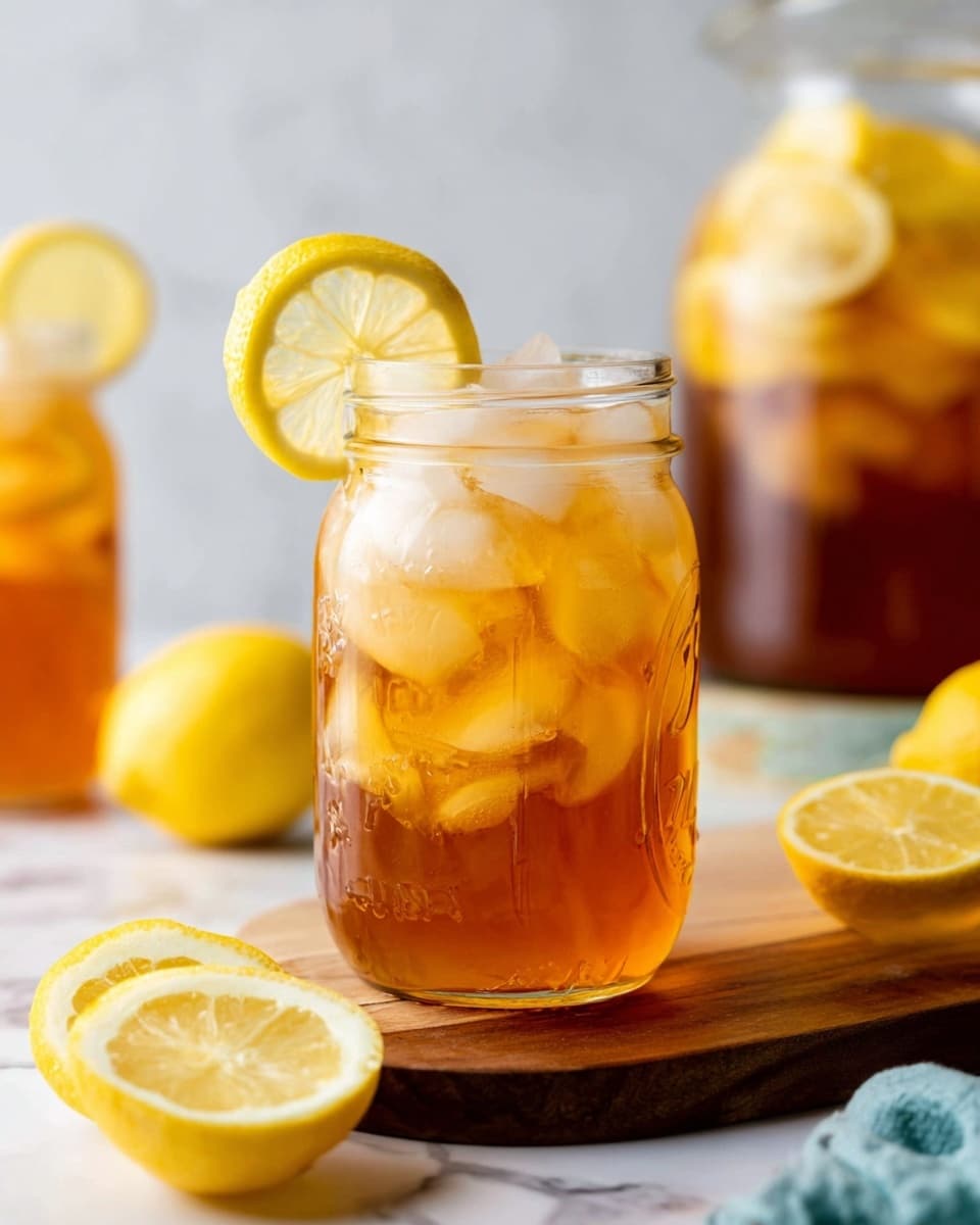 A clear glass pitcher filled with a layered drink showing two colors; the bottom half is a bright orange liquid and the top half is a pale yellow liquid with ice cubes floating inside. There is a round lemon slice pressed against the pitcher’s outer side, visible through the glass. The pitcher is resting on a wooden board with a few lemon halves and slices nearby, all set against a white marbled surface. A teal cloth is slightly visible behind the pitcher, and the pitcher has a simple curved glass handle. Photo taken with an iphone --ar 4:5 --v 7