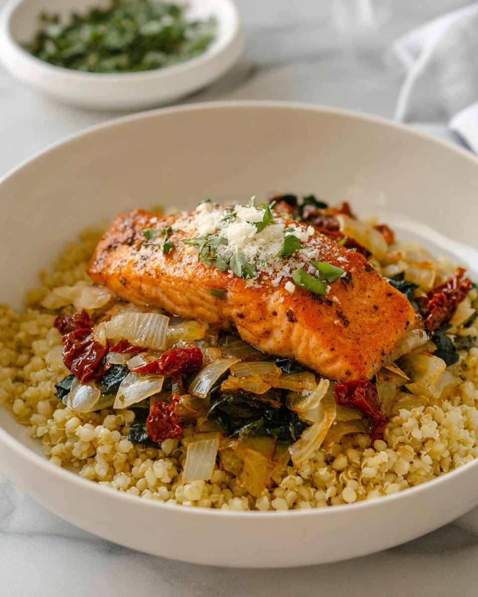 A white bowl holds a layered dish starting with a base of small, pale beige grains spread evenly at the bottom. On top, there is a mixture of cooked vegetables including translucent diced onions, dark green leafy pieces, and small bits of red sun-dried tomatoes scattered throughout. Resting on these vegetables is a single piece of cooked salmon with a golden-orange color and a slightly charred texture. The salmon is garnished with a light sprinkle of grated white cheese and small green herb leaves. In the background, there is a white bowl with green herbs on a white marbled surface. photo taken with an iphone --ar 4:5 --v 7