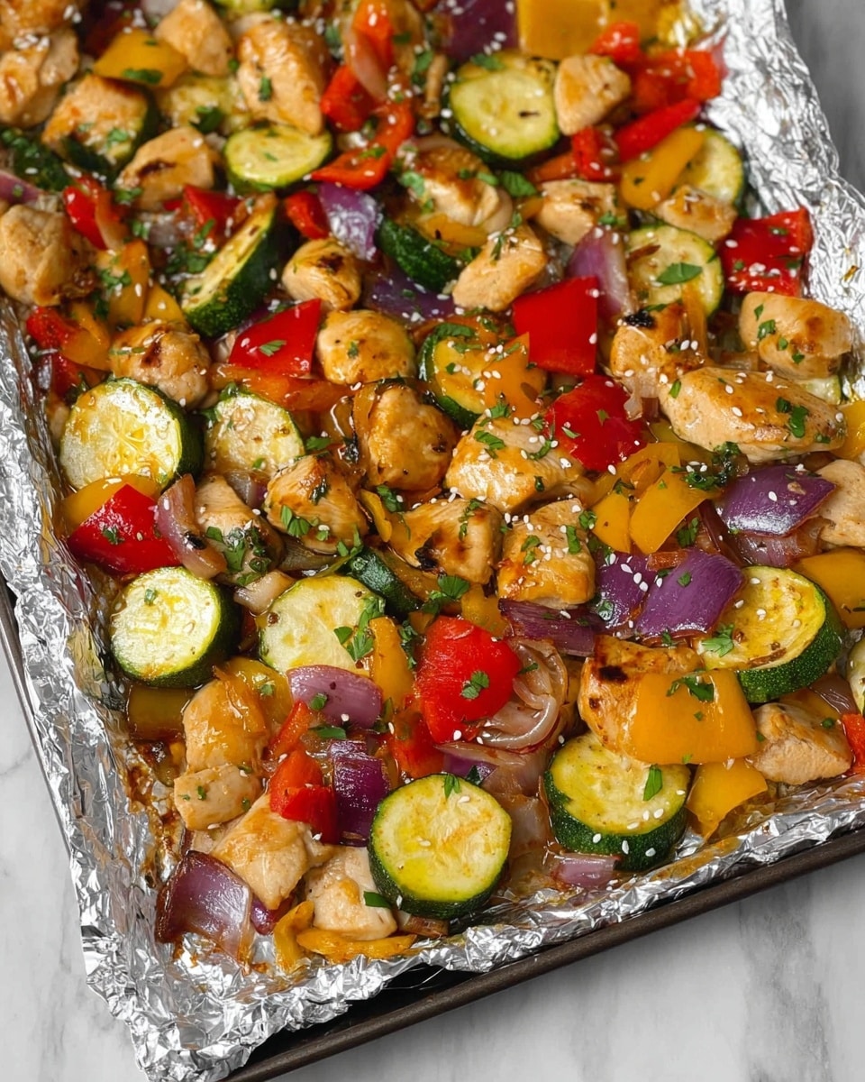 A white bowl filled with a colorful mix of cooked vegetables and small pieces of chicken. The layers include bright red bell peppers, yellow bell peppers, green zucchini slices, and chunks of purple onion mixed with glossy brown pieces of chicken. The dish is sprinkled with white sesame seeds and small green herbs on top. To the left, there is a white tray with more of the same mixture, and on the right, a white bowl of fluffy white rice is partly visible. A silver fork rests on a soft gray napkin on a white marbled surface below. Photo taken with an iphone --ar 4:5 --v 7