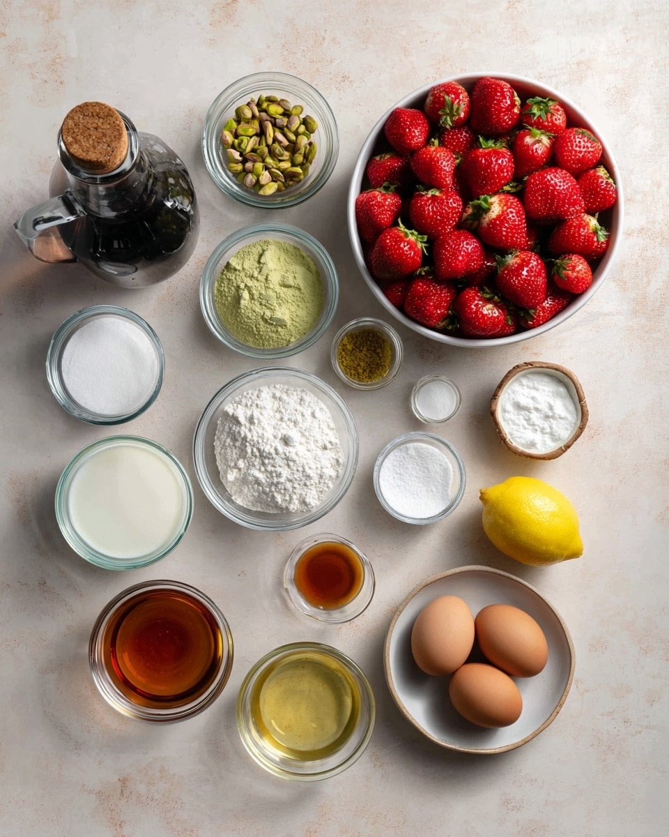 A flat lay of baking ingredients arranged neatly on a white marbled surface includes a large white bowl filled with bright red strawberries at the top right, surrounded by smaller clear glass bowls containing light green pistachios, white sugar, and corn starch. Two brown eggs sit in a clear bowl near the bottom right, next to small glass containers holding white baking soda, salt, and baking powder. A yellow lemon is placed in the center. There are two clear measuring jugs with milk positioned at the bottom left and center left, along with a bottle of dark syrup with a wooden cap near the bottom left. Two small glass bowls hold golden vanilla extract and light brown syrup. The overall scene is clean and organized with a soft natural light, photo taken with an iphone --ar 4:5 --v 7