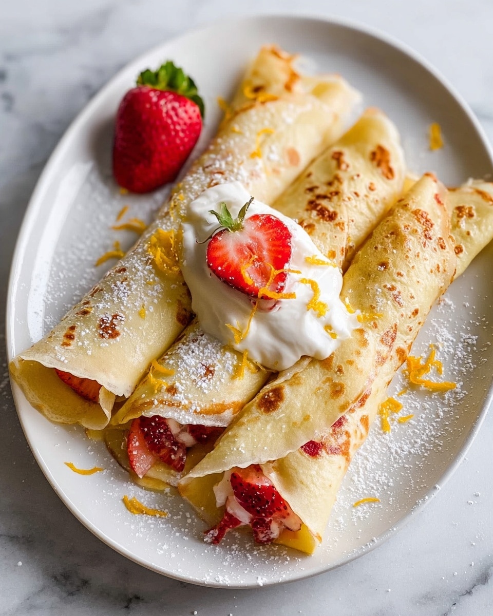 The image shows three thin, pale yellow crepes rolled and placed side by side on a white oval plate sitting on a white marbled surface. Inside each crepe, red strawberries are visible along with white cream filling that slightly melts out from the edges. On top of the crepes, there is a small dollop of white cream with thin strands of bright yellow zest scattered over everything. One whole strawberry with its green leaves is placed on the left side of the plate, adding a fresh pop of color. The scene is softly lit, emphasizing the smooth texture of the crepes and the juicy look of the strawberries. Photo taken with an iphone --ar 4:5 --v 7