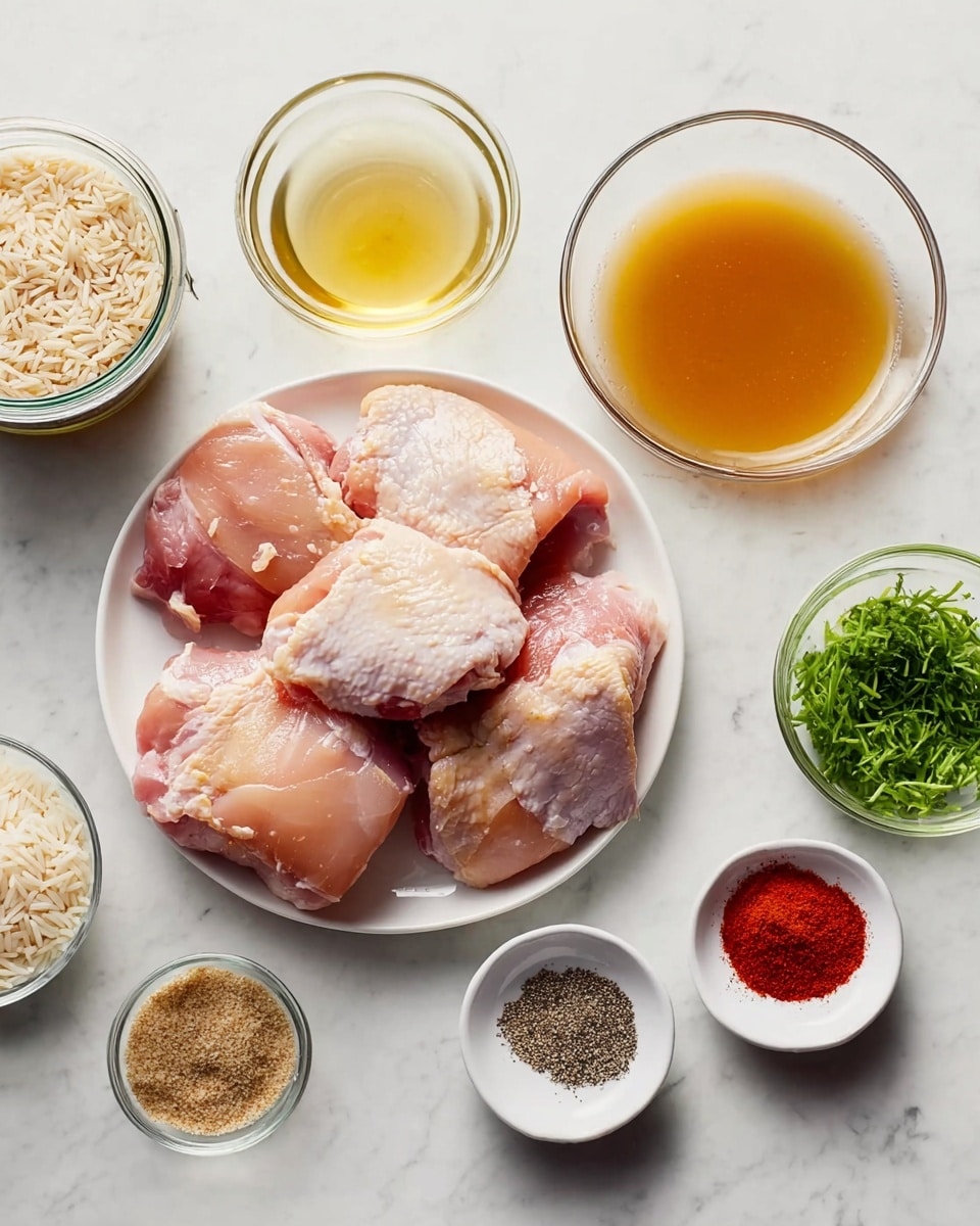 A white plate in the center holds six pieces of raw chicken thigh, pale pink with some white fat, arranged close together. Surrounding the plate on a white marbled surface are small glass bowls and white dishes with spices and ingredients: a bowl of light golden liquid, a jar of light brown powder, a cup of uncooked rice, a cup of light brown broth, a small bowl of shredded green herbs, and three white dishes with black pepper, salt, and bright red paprika powder neatly placed. The whole setup looks clean and organized. Photo taken with an iphone --ar 4:5 --v 7