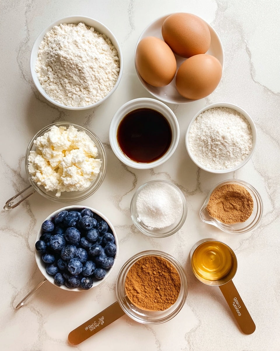 The image shows nine small white bowls and measuring cups arranged on a white marbled surface, each containing different baking ingredients. From the top left, there is a bowl filled with white flour, a white bowl holding two brown eggs, and a small bowl with white baking powder. Below these, there is a small bowl with a dark brown liquid, a measuring cup filled with white cottage cheese, and next to that, a measuring cup with brown sugar. On the bottom row, there is a small bowl of fresh blueberries, a measuring cup with golden syrup, and a small bowl of brown cinnamon powder. The setup is neat, with clear textures and natural lighting. Photo taken with an iphone --ar 4:5 --v 7