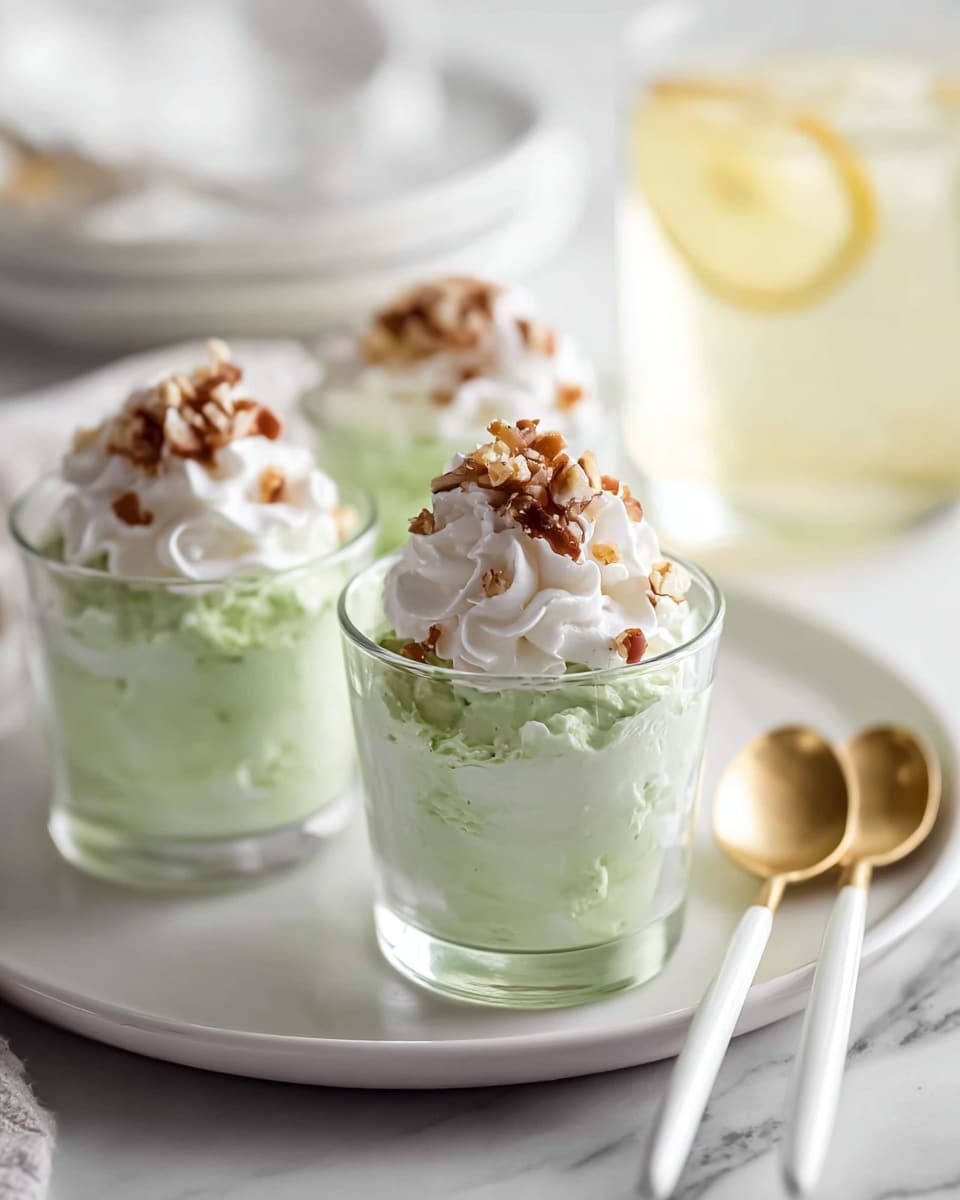 The image shows four clear glass cups filled with a light green creamy dessert. Each cup has a whipped white topping with small brown nut pieces scattered on top. The dessert looks fluffy and mixed with small chunks inside, filling about three-quarters of each cup. The cups are placed on a white marbled surface with a silver spoon in front and a striped napkin to the side. Soft light highlights the smooth texture and fresh look of the dessert photo taken with an iphone --ar 4:5 --v 7