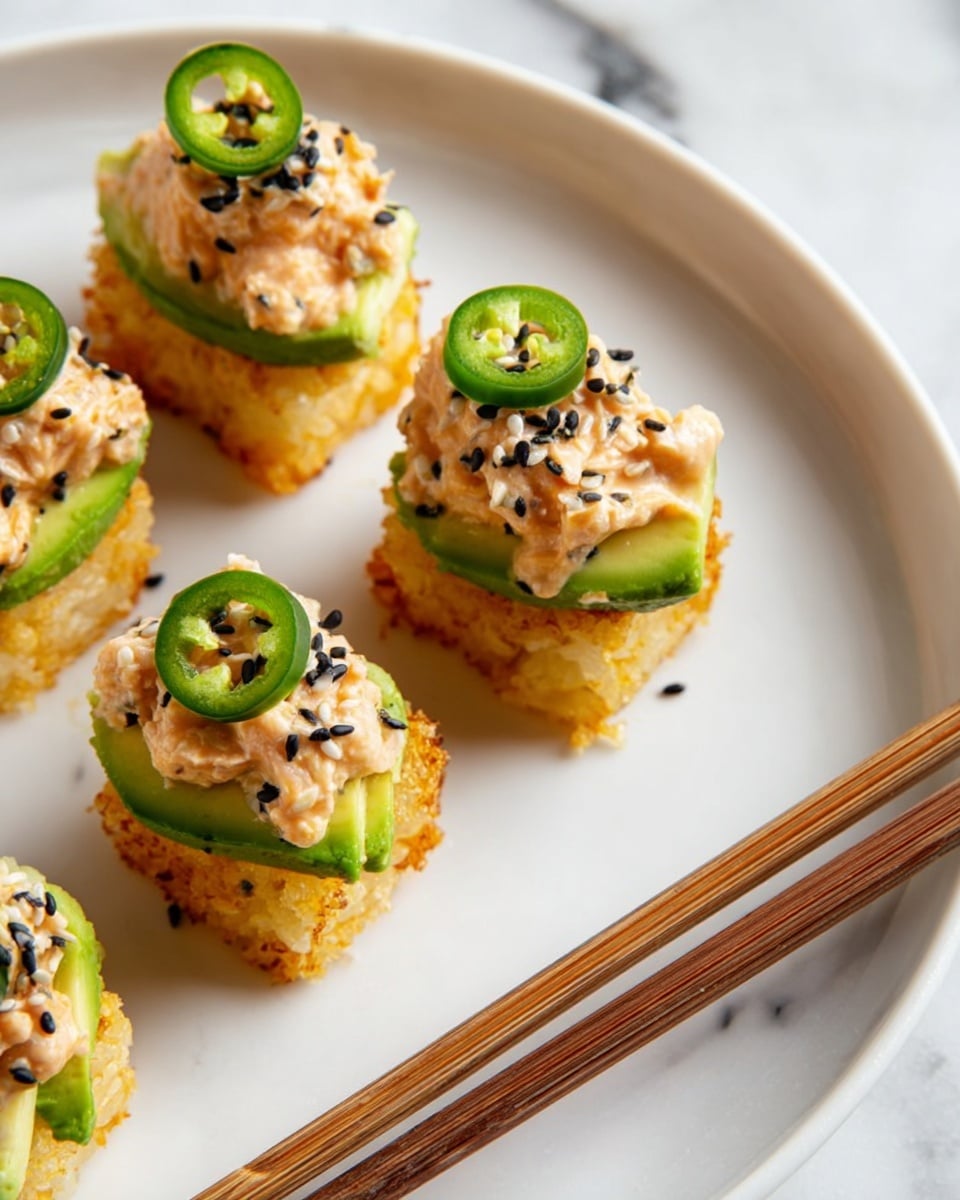 The dish shows four small sushi pieces arranged on a white plate with a white marbled surface underneath. Each piece has three visible layers: the bottom is a golden-brown crispy rice base with a textured, slightly crunchy look; the middle layer is a bright green avocado slice; the top layer is a creamy, light orange sauce mixed with small chunks of fish, sprinkled with black and white sesame seeds. Each piece is garnished with a thin sliced green chili on top. Wooden chopsticks rest on the white marbled surface beside the plate. Photo taken with an iphone --ar 4:5 --v 7