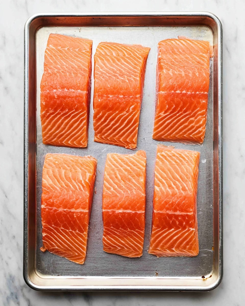 The image shows four raw salmon fillets placed side by side on a silver baking tray. Each fillet is a bright orange color with white lines running through them, showing the texture of the fish. The tray sits on a white marbled surface. The salmon pieces are evenly spaced and neatly arranged, covering most of the tray's area. There is a slight shine on the salmon, indicating freshness. photo taken with an iphone --ar 4:5 --v 7