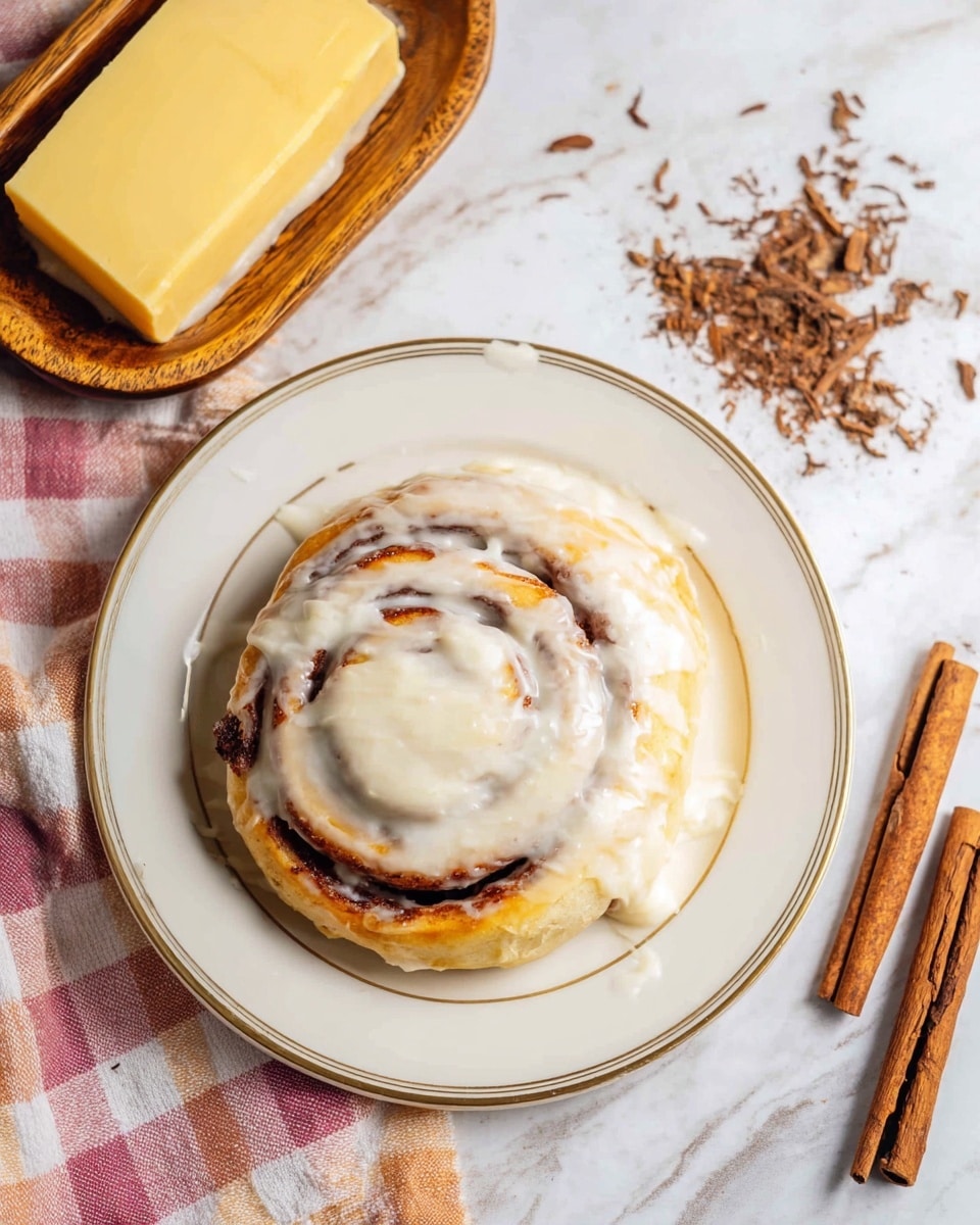 A cinnamon roll sits on a white plate with a thin gold rim, placed on a white marbled surface. The roll has one visible spiral layer of brown cinnamon filling with golden baked dough, covered smoothly and thickly with creamy white icing that slightly drips over the edges. To the left, a wooden butter dish with a block of yellow butter rests on a pink and white checkered cloth, while several dark brown cinnamon sticks are scattered on the lower right side of the frame. The overall lighting is soft and natural, highlighting the texture of the roll and icing. Photo taken with an iphone --ar 4:5 --v 7