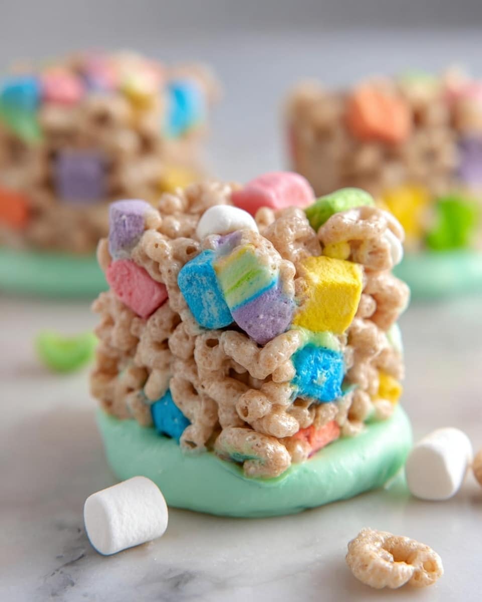 The image shows a close-up of a colorful cereal treat made of light beige puffed cereal pieces mixed with bright, multicolored marshmallows in pink, blue, yellow, green, orange, purple, and white. The treat is square-shaped and sits on a smooth, round base of pale green icing that looks creamy and slightly soft. In the background, there is another treat similar in shape and color, out of focus. A few marshmallows are scattered loosely on the flat, white marbled surface around the treat, adding extra color to the image. The overall look is vibrant, soft, and textured with a mix of smooth icing and crunchy cereal. photo taken with an iphone --ar 4:5 --v 7