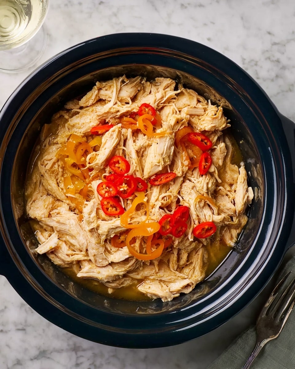 The image shows a black slow cooker filled with shredded light brown cooked chicken mixed with thin slices of yellow and red chili peppers evenly spread on top. The chicken pieces have a moist texture with visible fibers and bits of light chicken juice in the slow cooker. The slow cooker sits on a white marbled surface. photo taken with an iphone --ar 4:5 --v 7