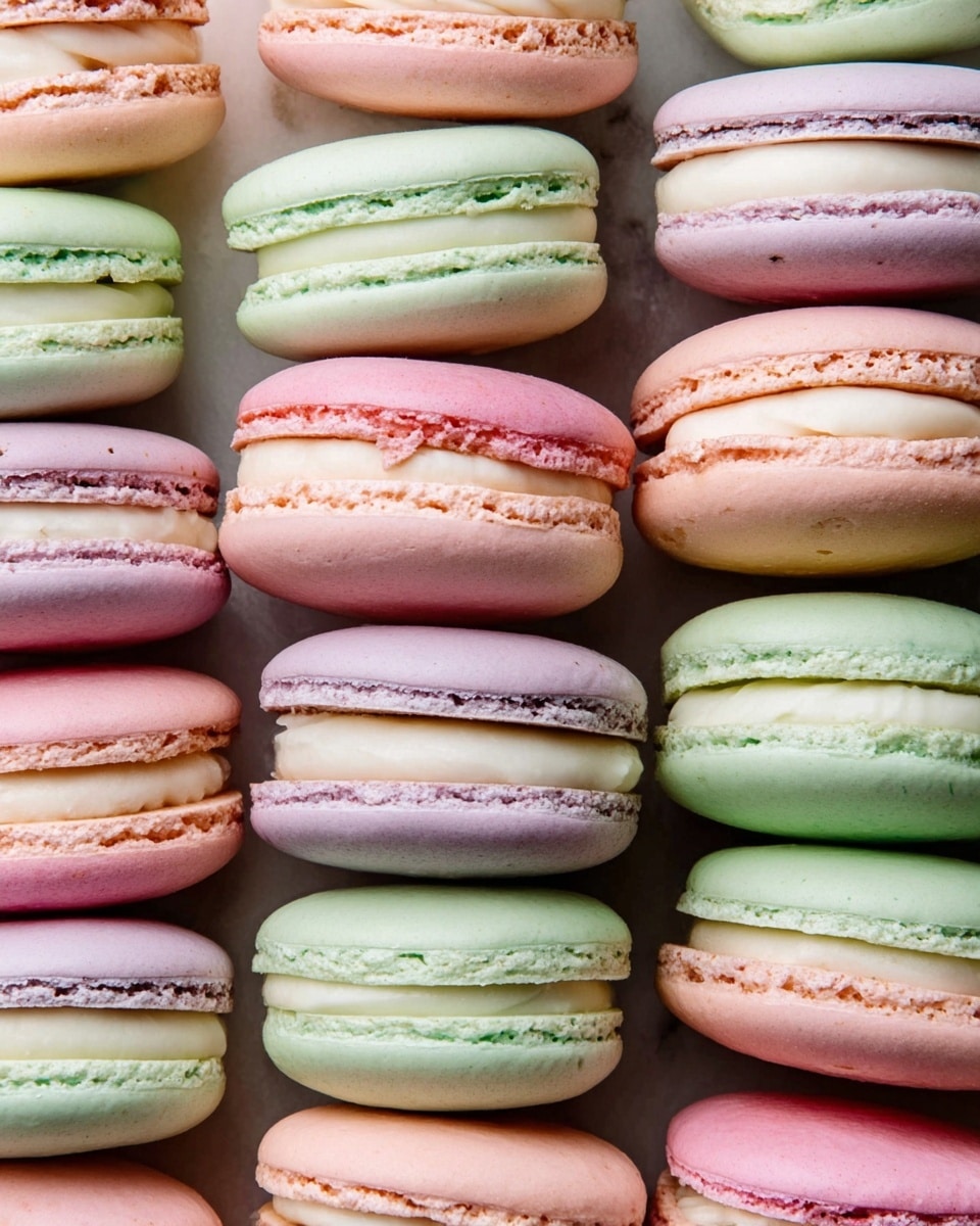 A close-up of a stack of three pink macarons with smooth, slightly shiny tops and rough-edged bottoms showing a light texture, each sandwiching a thick layer of creamy white filling. The macarons are placed on a soft green fabric with a slightly rough texture, and there are out-of-focus macarons in the background on a white marbled surface. The lighting is soft and natural, highlighting the delicate details of the macarons. photo taken with an iphone --ar 4:5 --v 7