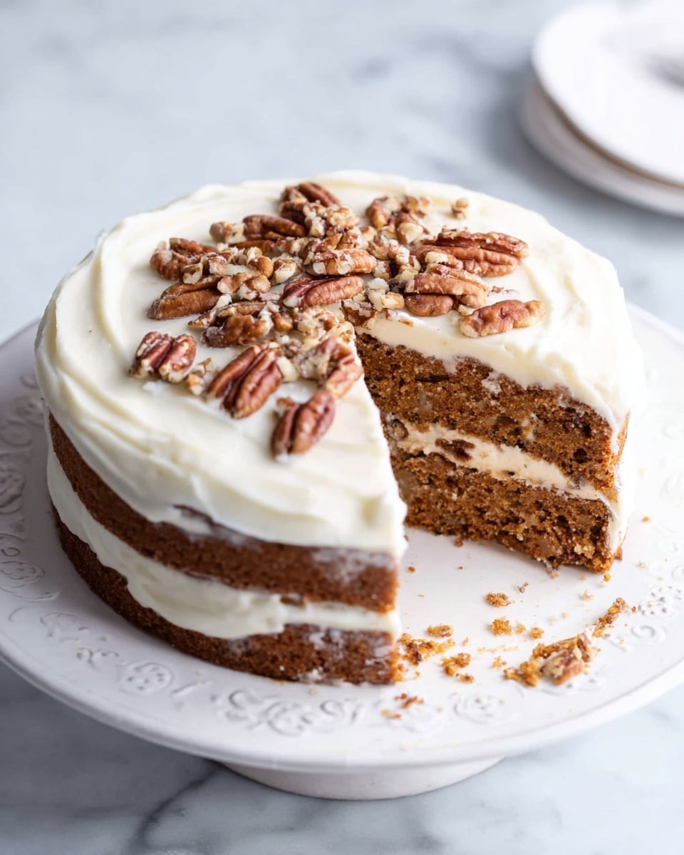 A two-layer brown cake with visible small bits inside each layer, filled and topped with thick white cream frosting; the top layer is decorated with a pile of scattered light to medium brown pecan nuts in the center. The cake sits on a white plate with subtle designs around the edge, placed on a white marbled surface. A slice is missing from the cake, revealing the creamy layer in the middle and some crumbs on the plate. Photo taken with an iphone --ar 4:5 --v 7