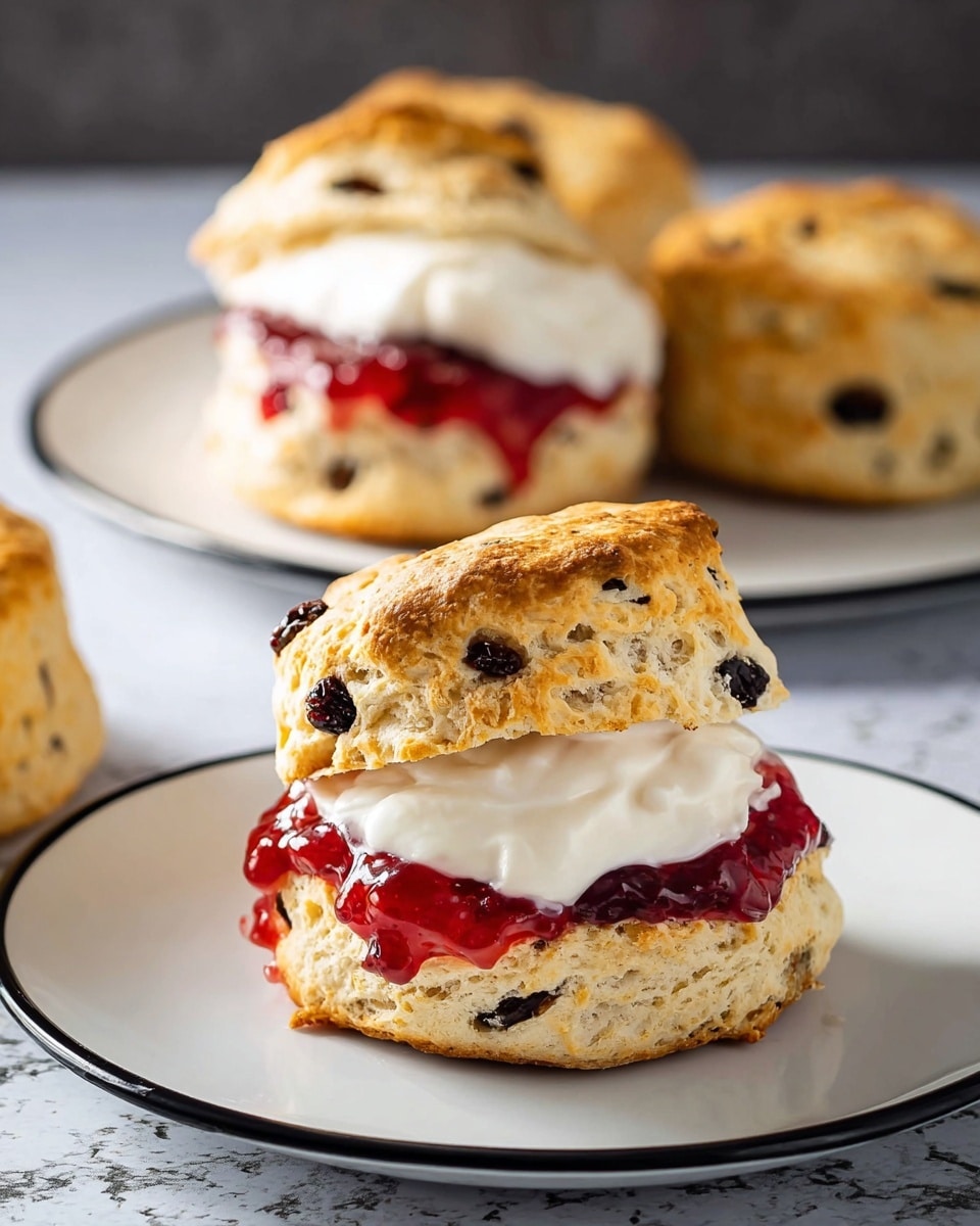 The image shows two scones on white plates with a thin black rim, placed on a white marbled textured surface. The scones have a golden brown color with visible dark spots, likely raisins or currants. One scone is fully stacked with three clear layers: a bottom flaky scone layer, a middle layer of bright red jam that slightly drips down the side, and a top layer of smooth, white cream. The second scone in the background is split in half, with the top half slightly leaning against the bottom half, exposing the same three layers of flaky scone, jam, and cream. The lighting highlights the textures and colors naturally, giving a fresh and appetizing look. photo taken with an iphone --ar 4:5 --v 7