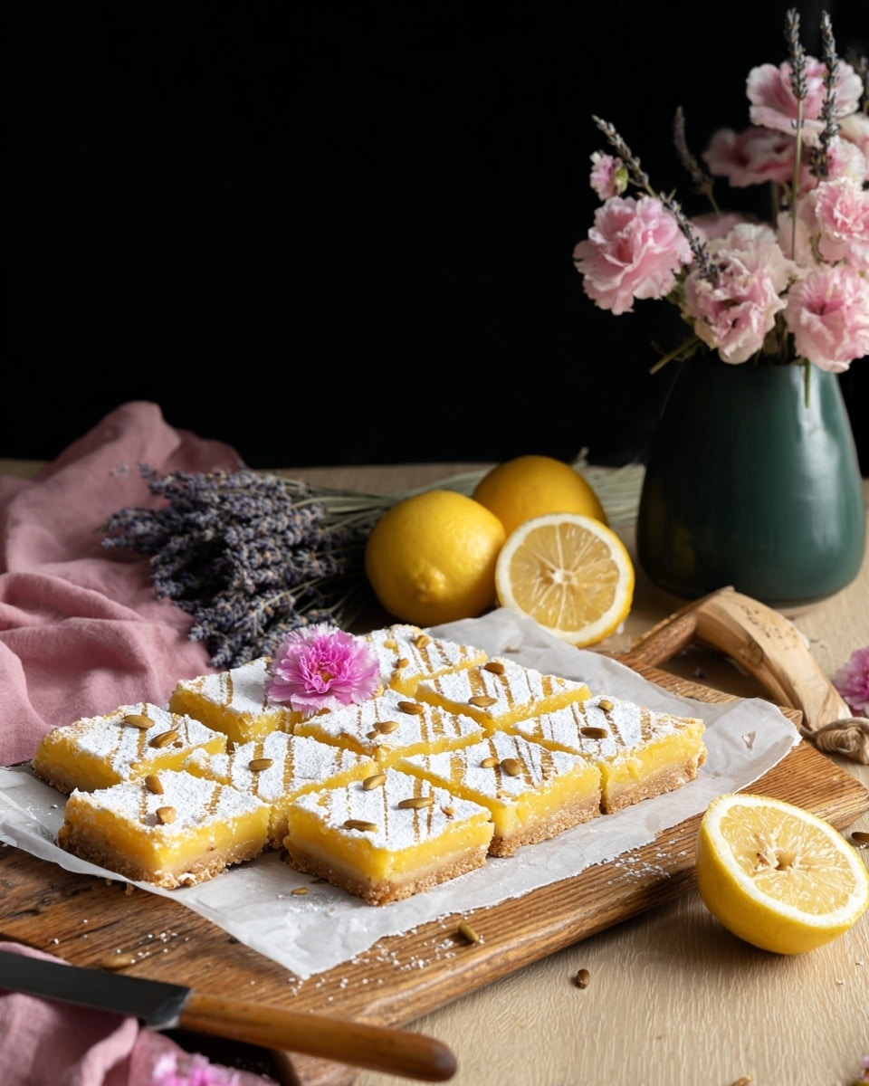 The image shows a tray of lemon bars cut into nine rectangular pieces laid out on white parchment paper over a wooden board. The bars have a thick yellow layer of lemon filling on top of a light beige crust and are dusted with powdered sugar arranged in diagonal lines, with small sunflower seeds sprinkled on top. A pink flower rests on one piece near the front, while two whole lemons and one lemon half sit on the wooden board beside the bars. A small bunch of dried lavender is placed behind the lemon bars, with a knife with a wooden handle near the top left corner. Soft pink flowers in a bunch and inside a dark green vase are placed in the foreground and background. The surface beneath everything is a light wood texture, and the background is black. photo taken with an iphone --ar 4:5 --v 7