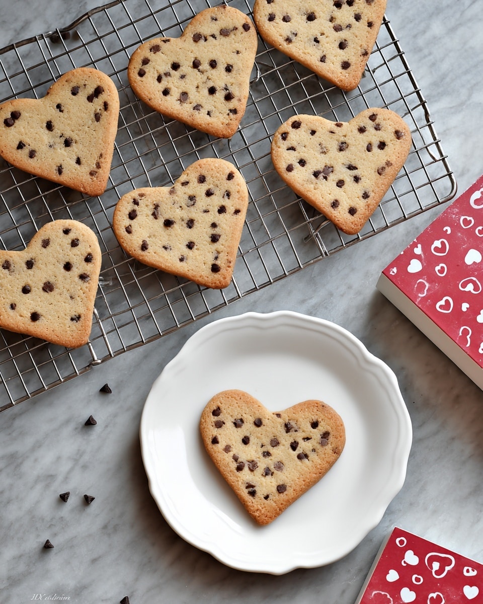 The image shows a group of seven heart-shaped cookies with small chocolate chips baked into them. Six cookies are placed on a silver cooling rack, and one cookie is on a white plate with curved edging, located below the rack in the center of the image. The cookies have a golden-brown color with darker brown chocolate chips spread evenly across their surface. The scene is set on a white marbled counter, and there is a white and red box with heart designs on the right side of the image near the plate. The overall look is warm and inviting, with the cookies slightly textured and firm. Photo taken with an iphone --ar 4:5 --v 7