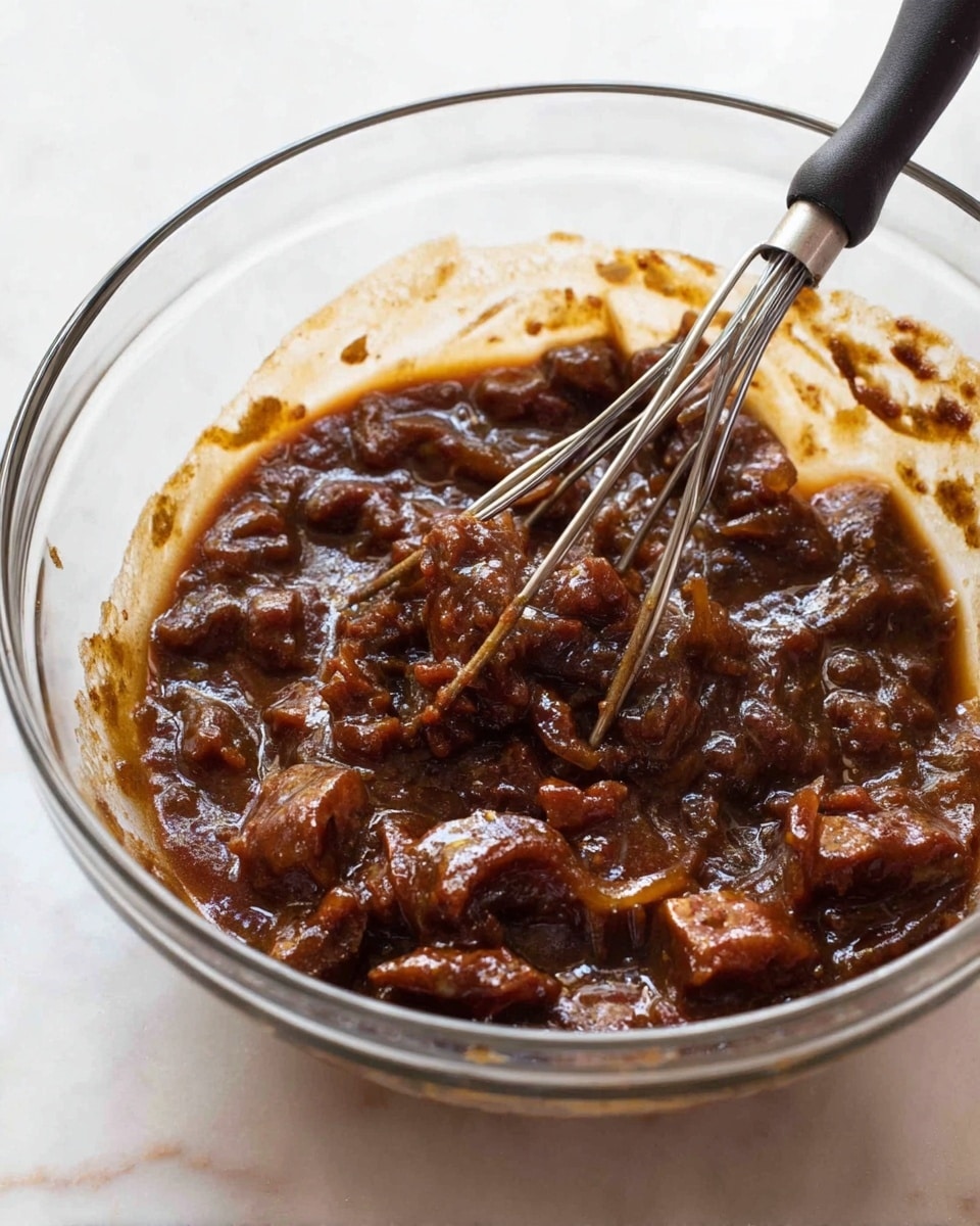 A clear glass bowl sits on a white marbled surface, filled with thick dark brown chunks mixed in a glossy sauce, showing soft uneven textures. A metal potato masher with a black handle is slightly pressed into the mixture, blending the layers of sauce and chunky pieces together with visible liquid and solid parts. The close-up view captures the rich, textured look of the mixture in the bowl. Photo taken with an iphone --ar 4:5 --v 7