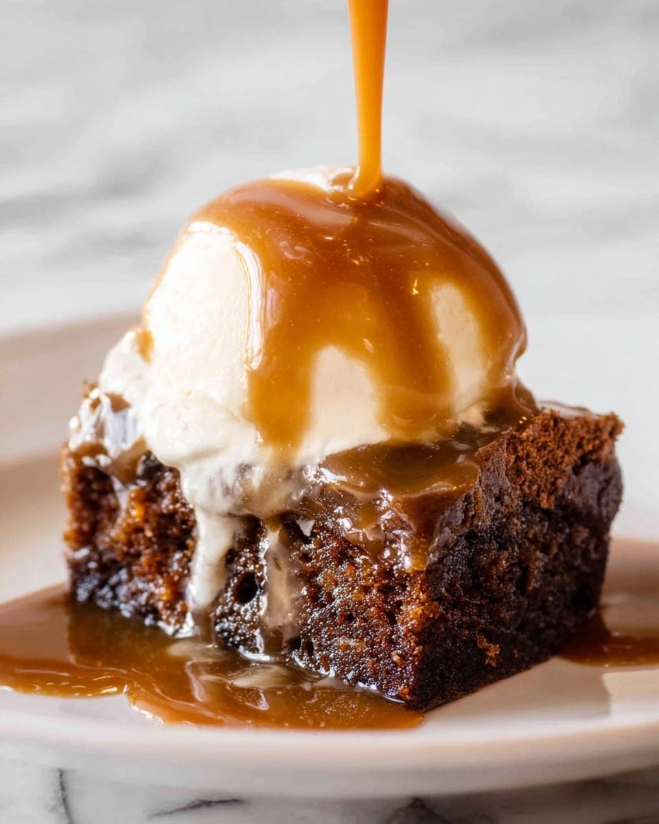 A close-up of a dessert with three layers on a white plate, placed on a white marbled surface. The bottom layer is a thick, dark brown cake with a moist texture and visible small holes. Above the cake, there is a layer of slightly melted white ice cream, smooth and creamy. The top layer is a thick, golden brown sauce being poured over the ice cream, dripping down the sides of the cake and pooling slightly on the plate. The sauce looks thick and shiny, covering parts of the ice cream and cake. Photo taken with an iphone --ar 4:5 --v 7