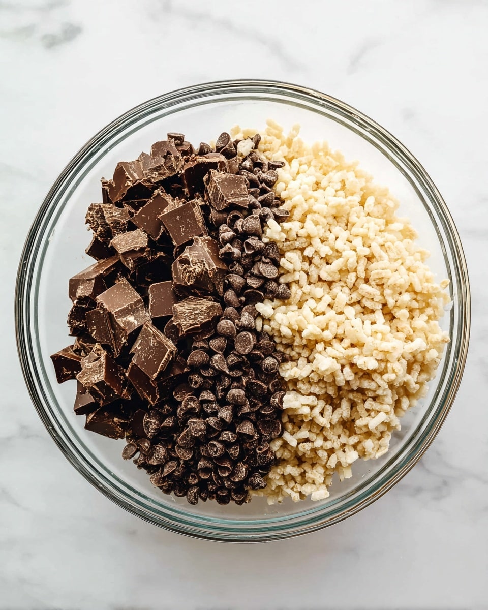 The image shows a clear glass bowl with three main layers of ingredients separated but sharing the space inside. On the left side, there are chunks of dark milk chocolate with rough, uneven edges and a slightly shiny texture. Just to the right of that, there is a layer of small, smooth, dark chocolate chips. The right half of the bowl is filled with light beige puffy rice cereal with a grainy, airy texture. Some pieces of chopped chocolate are scattered between the cereal and the chips, adding darker spots among the light cereal. The bowl sits on a white marbled surface. photo taken with an iphone --ar 4:5 --v 7