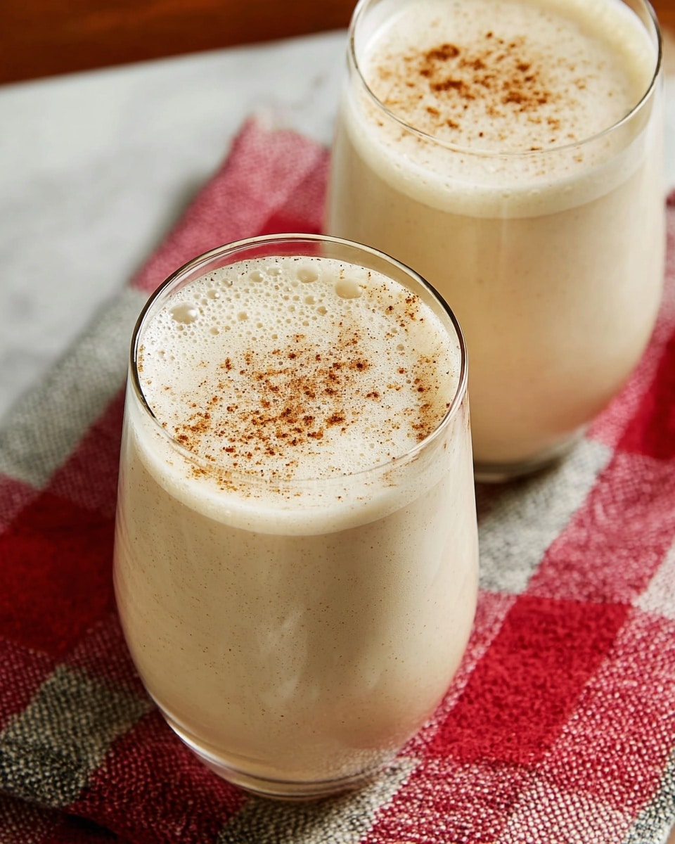 Two glasses filled with a creamy light brown smoothie that has a frothy texture on top. Both glasses have a slight bulge near the middle and taper gently towards the top and bottom. The surface of the smoothie is sprinkled lightly with a reddish-brown powder. The background is a dark rustic table with some red and blue smudges. photo taken with an iphone --ar 4:5 --v 7