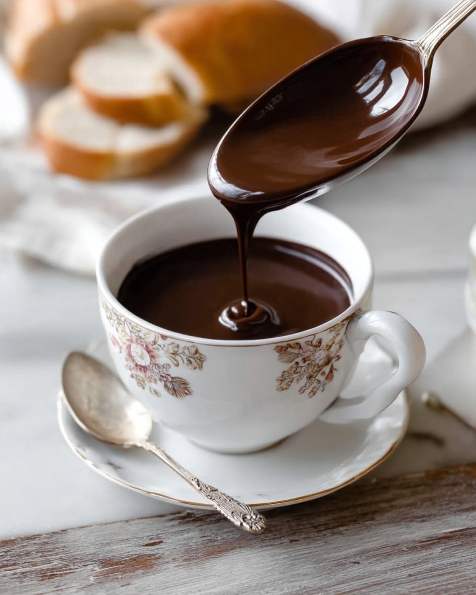 A white cup with a floral pattern filled with dark, shiny chocolate sauce. A silver ladle held above the cup is pouring the thick chocolate, which is smooth and rich in texture. Next to the cup on a light brown wooden table lies a small silver spoon with an intricate design on its handle. In the background, there is part of light-colored bread visible. The whole scene sits on a white marbled surface. photo taken with an iphone --ar 4:5 --v 7