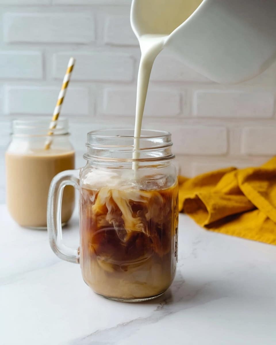 A clear glass jar with a handle sits on a white marbled surface, filled halfway with a light brown liquid, likely coffee or tea. A white jug pours creamy white milk into the jar, creating swirling patterns where the milk meets the drink. In the background, slightly blurred, is another glass jar filled with the same light brown liquid and topped with a white and gold striped paper straw. A folded mustard yellow cloth is near the second jar. The background has white bricks, adding texture. A woman's hand is not visible but implied as pouring the milk from the jug. Photo taken with an iphone --ar 4:5 --v 7
