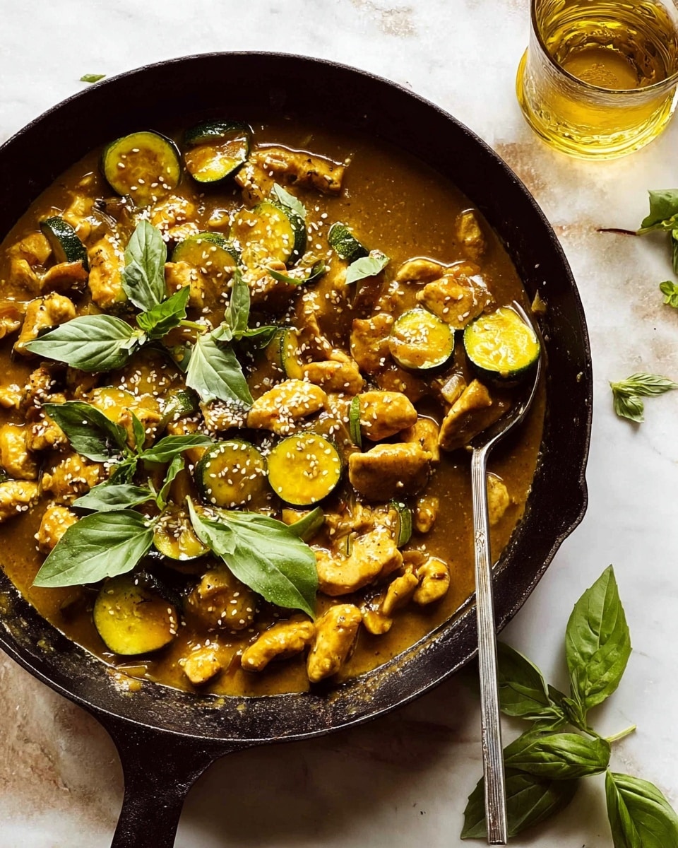 The dish shows a black cast iron skillet filled with a thick, golden brown sauce. Inside the sauce are multiple layers of small, chunky pieces of cooked chicken, round and half-moon slices of green zucchini and yellow squash, all mixed evenly. On top of the dish are fresh, bright green basil leaves and a sprinkle of white sesame seeds. A metal spoon is resting in the sauce on the right side of the skillet. The skillet sits on a white marbled surface with some fresh basil leaves placed nearby. In the top right corner, there is a glass filled with a golden liquid. photo taken with an iphone --ar 4:5 --v 7